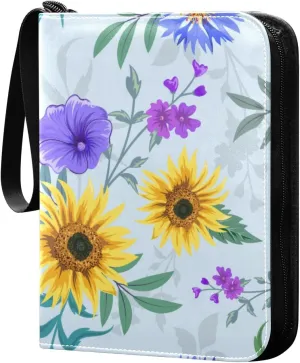 Colorful Sunflower Card Binder for Trading Cards, 4 Pocket with 50 Sleeves up to 400 Cards, Double Sided Pockets Card Holder Carry Case for Baseball Card, Football Card, Gaming Cards