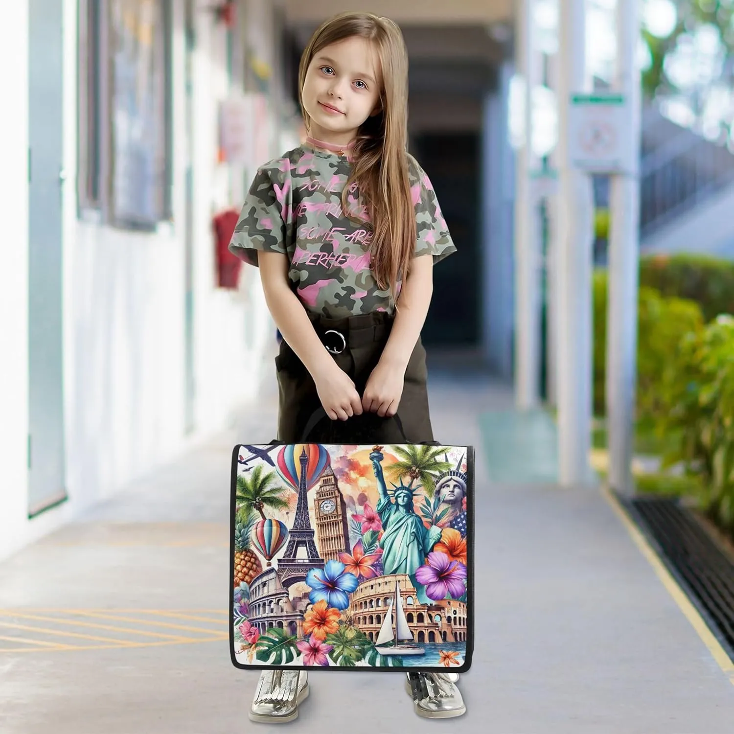 Colorful Travel Landmark Art 1 1/2 Inch Binders 3 Ring Zippered Binder Organizer School Binders Bag with Shoulder Strap Portfolio Hold 500 Sheets Holder