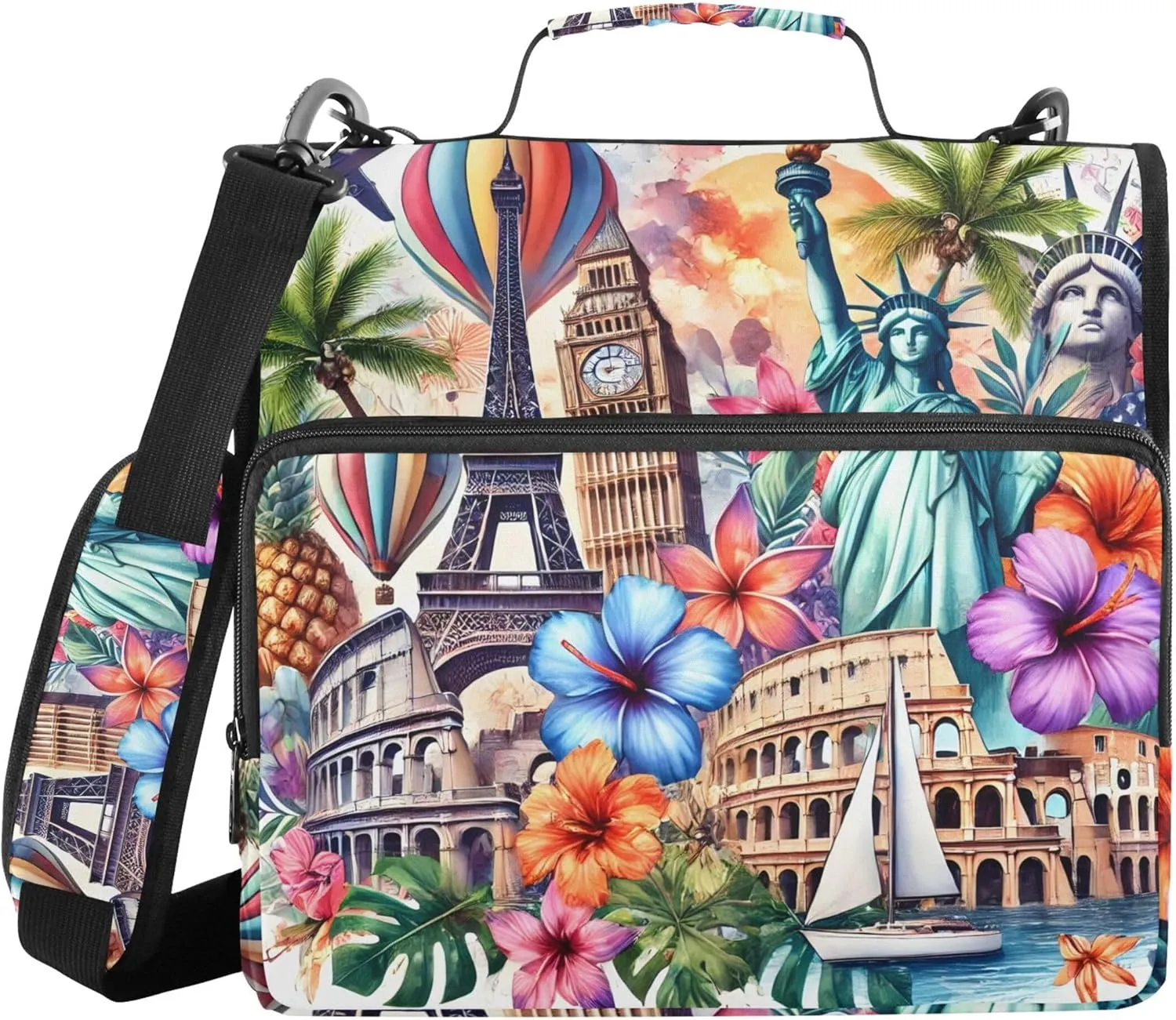 Colorful Travel Landmark Art 1 1/2 Inch Binders 3 Ring Zippered Binder Organizer School Binders Bag with Shoulder Strap Portfolio Hold 500 Sheets Holder