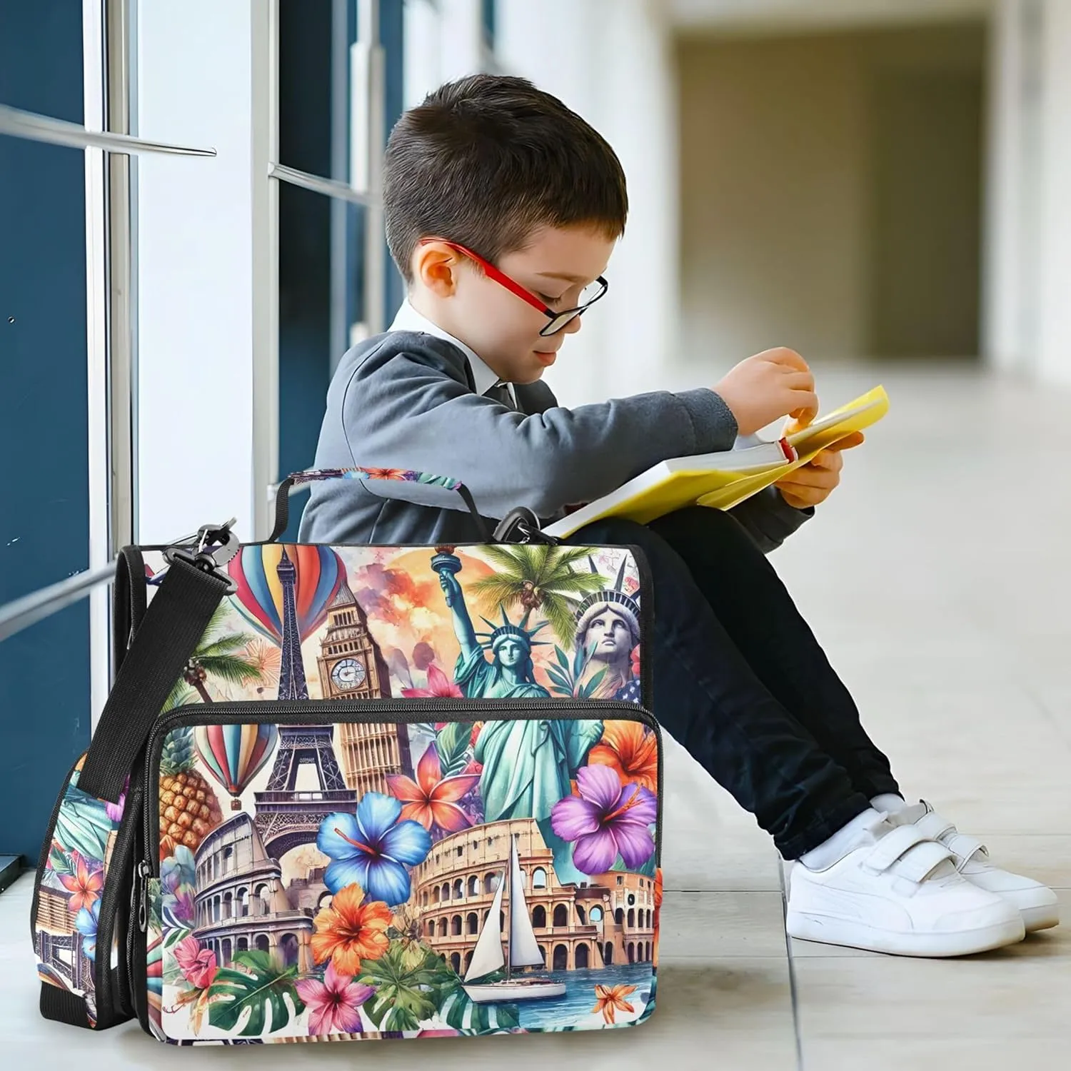 Colorful Travel Landmark Art 1 1/2 Inch Binders 3 Ring Zippered Binder Organizer School Binders Bag with Shoulder Strap Portfolio Hold 500 Sheets Holder