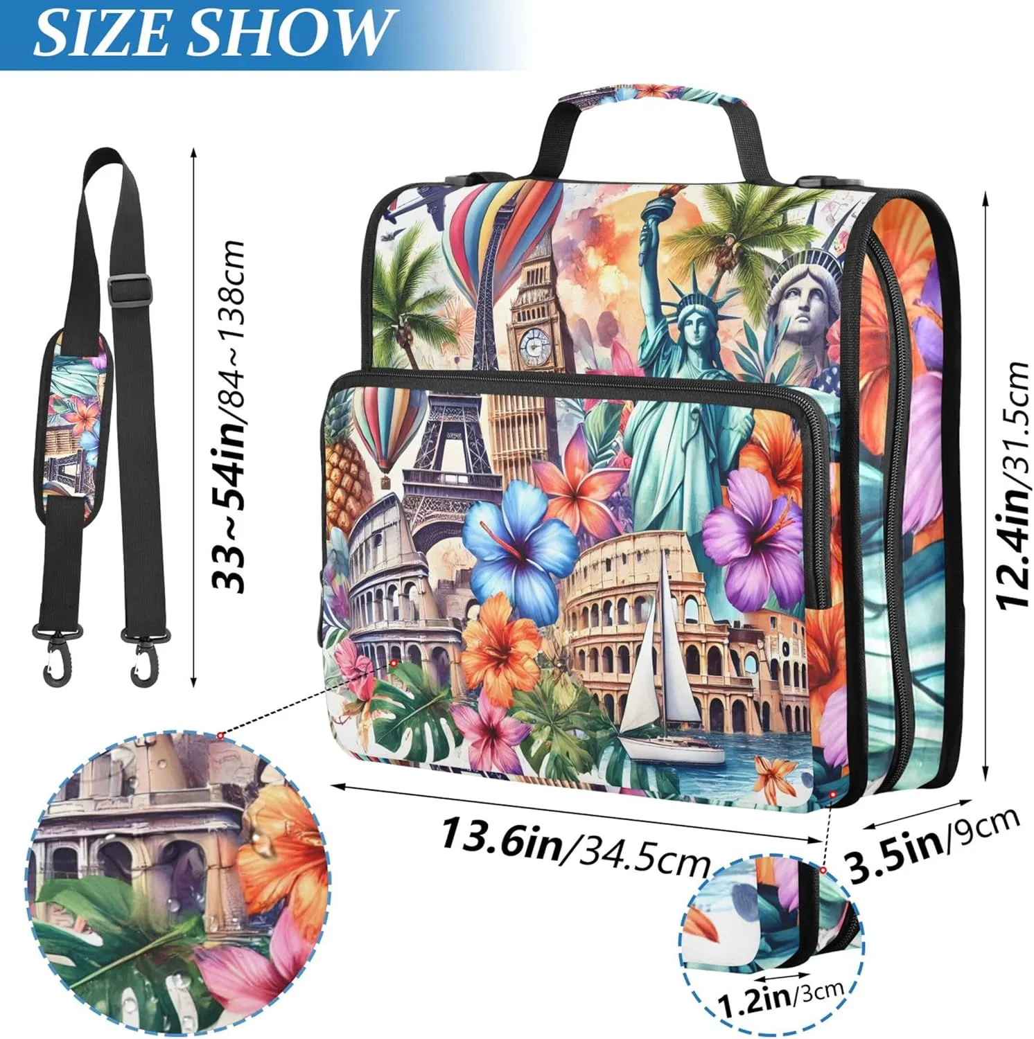Colorful Travel Landmark Art 1 1/2 Inch Binders 3 Ring Zippered Binder Organizer School Binders Bag with Shoulder Strap Portfolio Hold 500 Sheets Holder