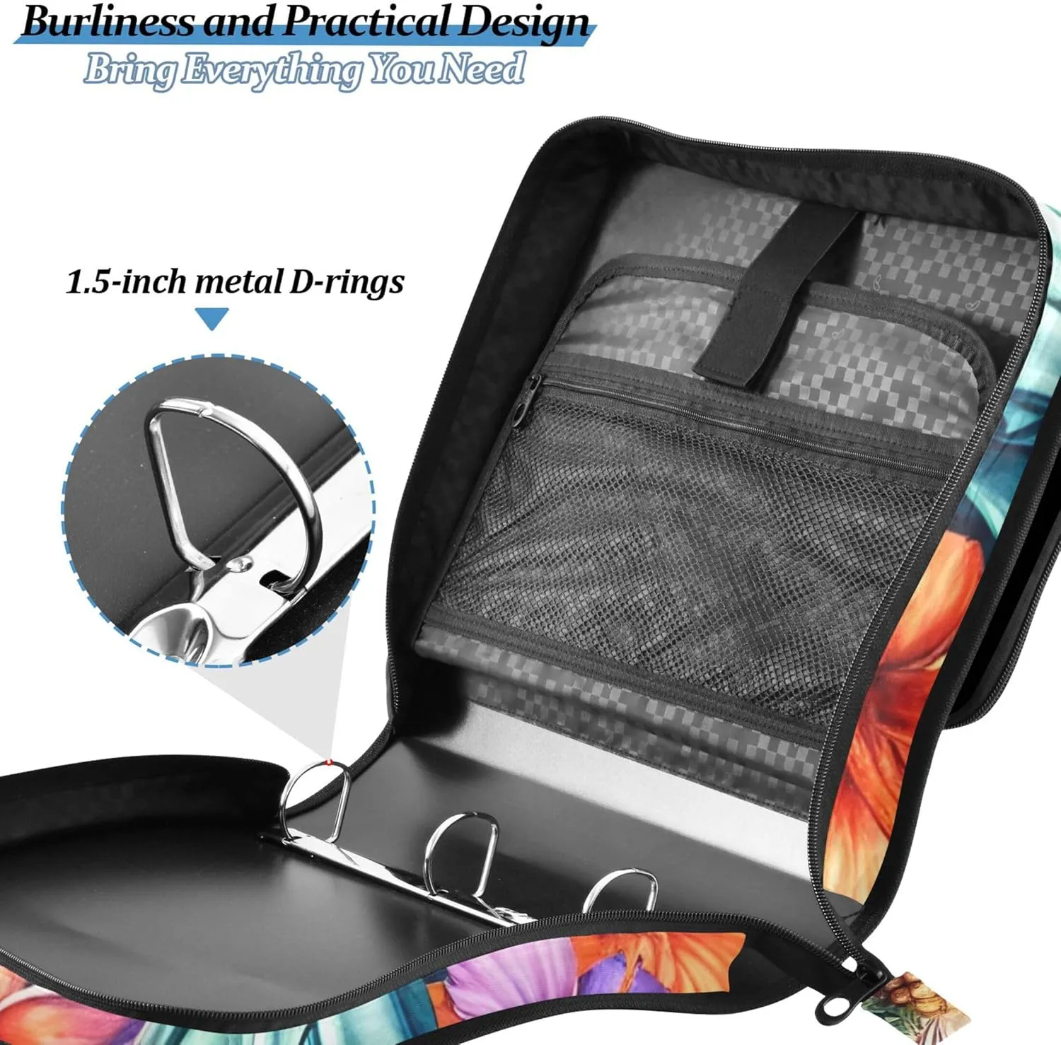 Colorful Travel Landmark Art 1 1/2 Inch Binders 3 Ring Zippered Binder Organizer School Binders Bag with Shoulder Strap Portfolio Hold 500 Sheets Holder