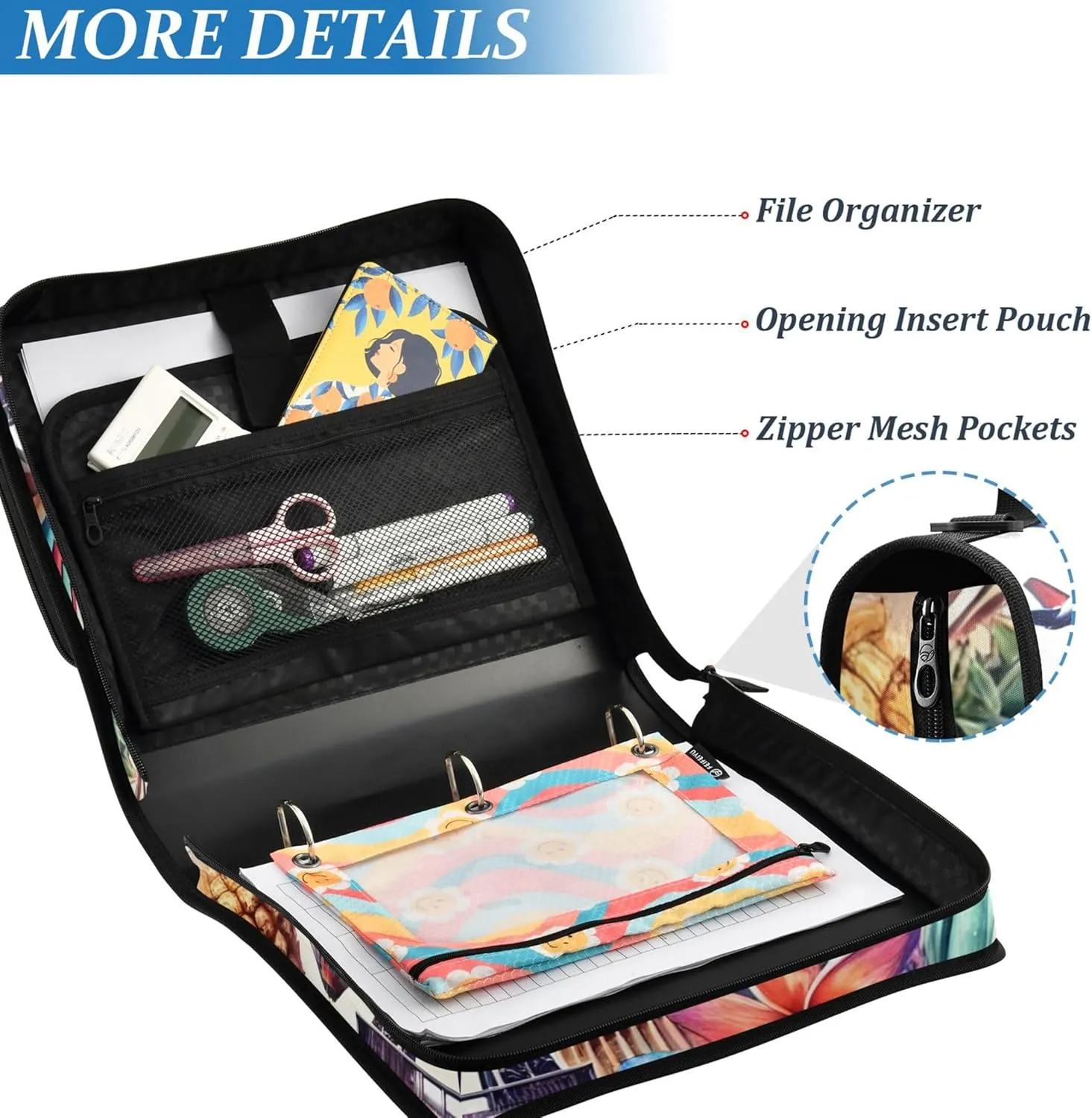 Colorful Travel Landmark Art 1 1/2 Inch Binders 3 Ring Zippered Binder Organizer School Binders Bag with Shoulder Strap Portfolio Hold 500 Sheets Holder