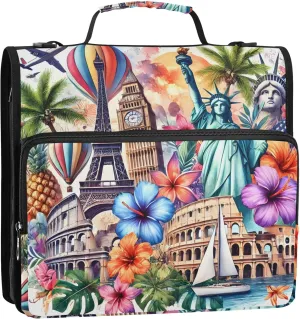 Colorful Travel Landmark Art 1 1/2 Inch Binders 3 Ring Zippered Binder Organizer School Binders Bag with Shoulder Strap Portfolio Hold 500 Sheets Holder