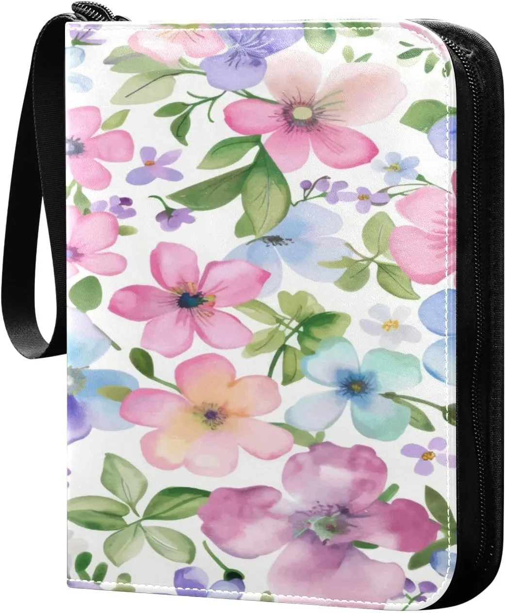 Colorful Watercolor Flower Card Binder for Trading Cards, 4 Pocket with 50 Sleeves up to 400 Cards, Double Sided Pockets Card Holder Carry Case for Baseball Card, Football Card, Gaming Cards