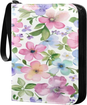 Colorful Watercolor Flower Card Binder for Trading Cards, 4 Pocket with 50 Sleeves up to 400 Cards, Double Sided Pockets Card Holder Carry Case for Baseball Card, Football Card, Gaming Cards