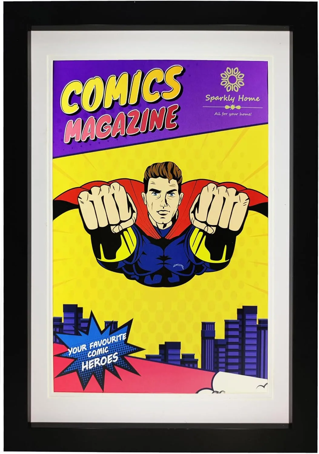 Comic Book Frame with Double white mat, 4 Packs, UV Protection, Black Frame for Current Comics up to 6 3/4" x 10 1/4", Fits with Comic Book Bags and Sleeves, Wall or Tabletop Display