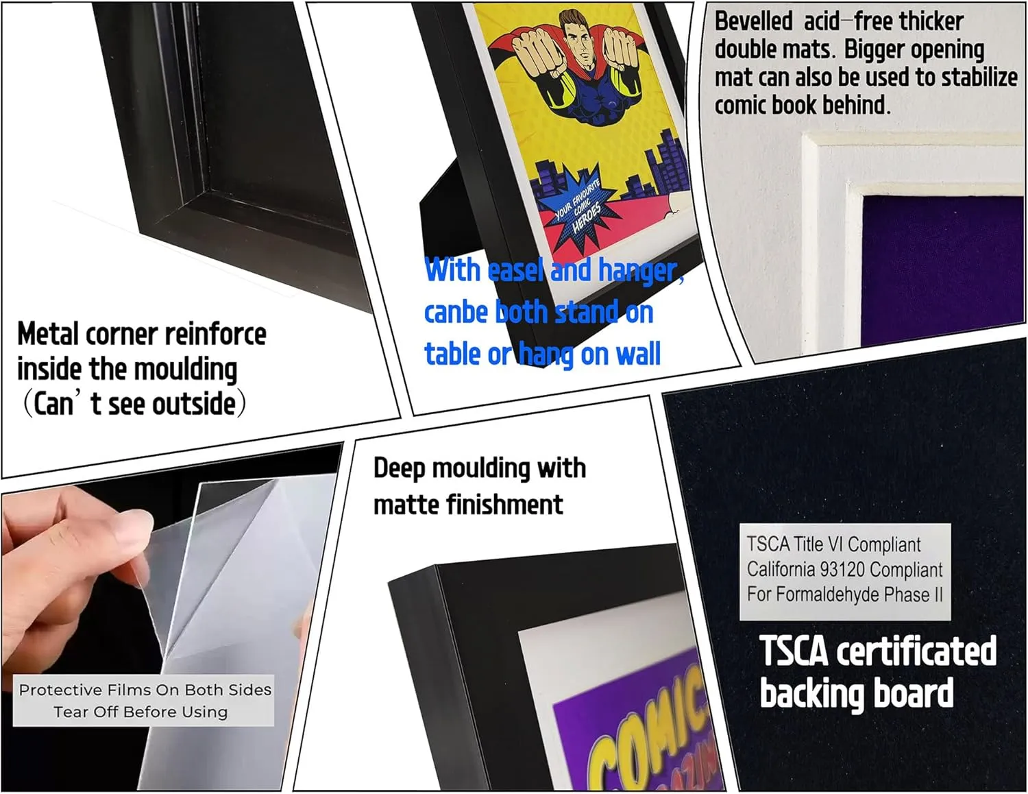 Comic Book Frame with Double white mat, 4 Packs, UV Protection, Black Frame for Current Comics up to 6 3/4" x 10 1/4", Fits with Comic Book Bags and Sleeves, Wall or Tabletop Display