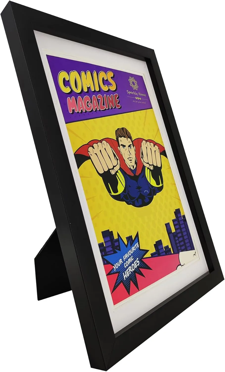 Comic Book Frame with Double white mat, 4 Packs, UV Protection, Black Frame for Current Comics up to 6 3/4" x 10 1/4", Fits with Comic Book Bags and Sleeves, Wall or Tabletop Display