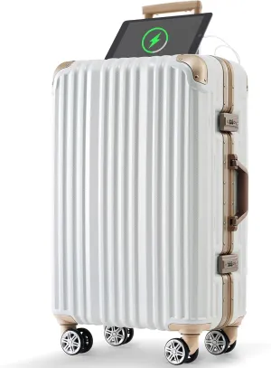 Convenient Travel with 24in Aluminum Frame Luggage, USB Charging Port, Spinner Wheels, White