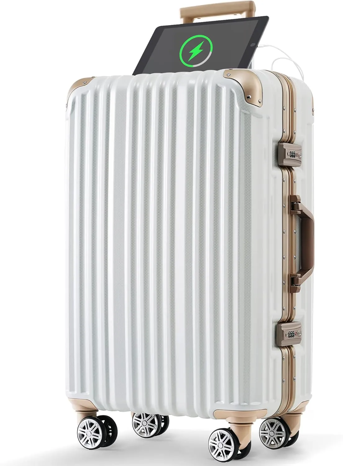 Convenient Travel with 24in Aluminum Frame Luggage, USB Charging Port, Spinner Wheels, White