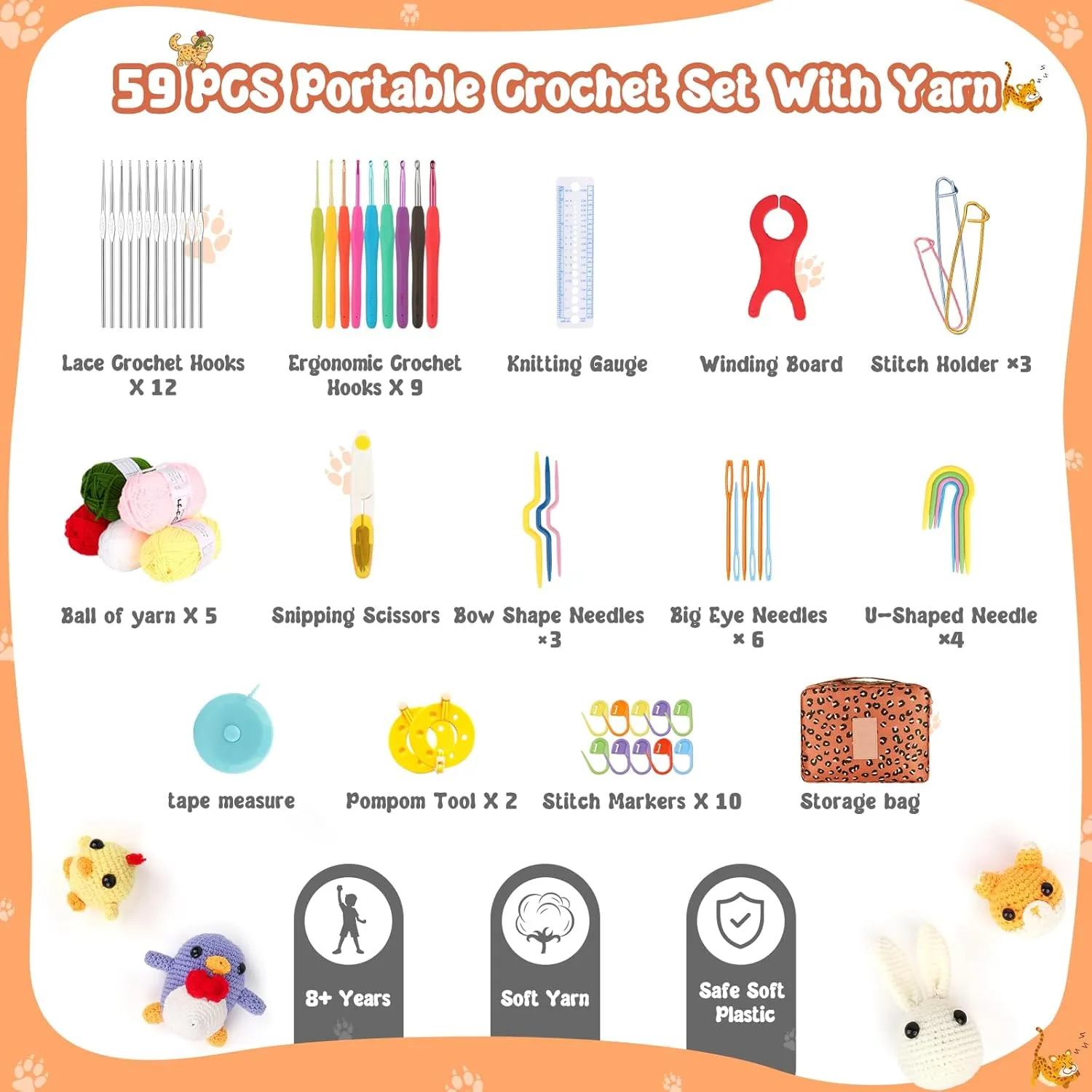 Coopay Crochet Kit Beginners Crochet Hook Set with Crochet Yarn,58PCS Portable Crochet Set Ergonomic Crochet Hooks Travel Knitting Crochet Supplies