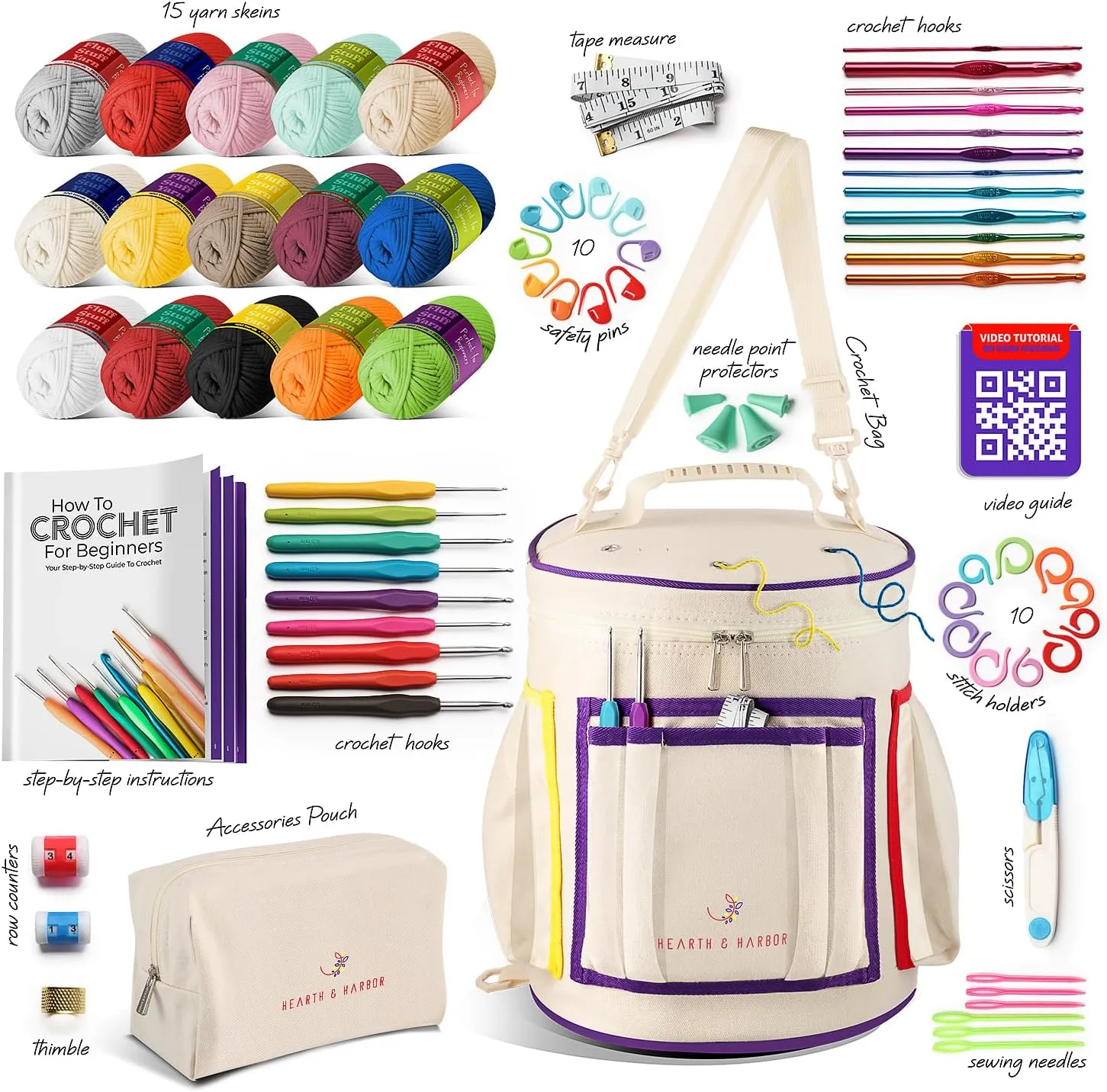 Crochet Kit for Beginners Adults and Kids - Beginner Crochet Kit for Adults with Step-by-Step Video Tutorials, Amigurumi and Crocheting Kit, Crochet Starter Kit with Easy Beginner Yarn and Crochet Bag