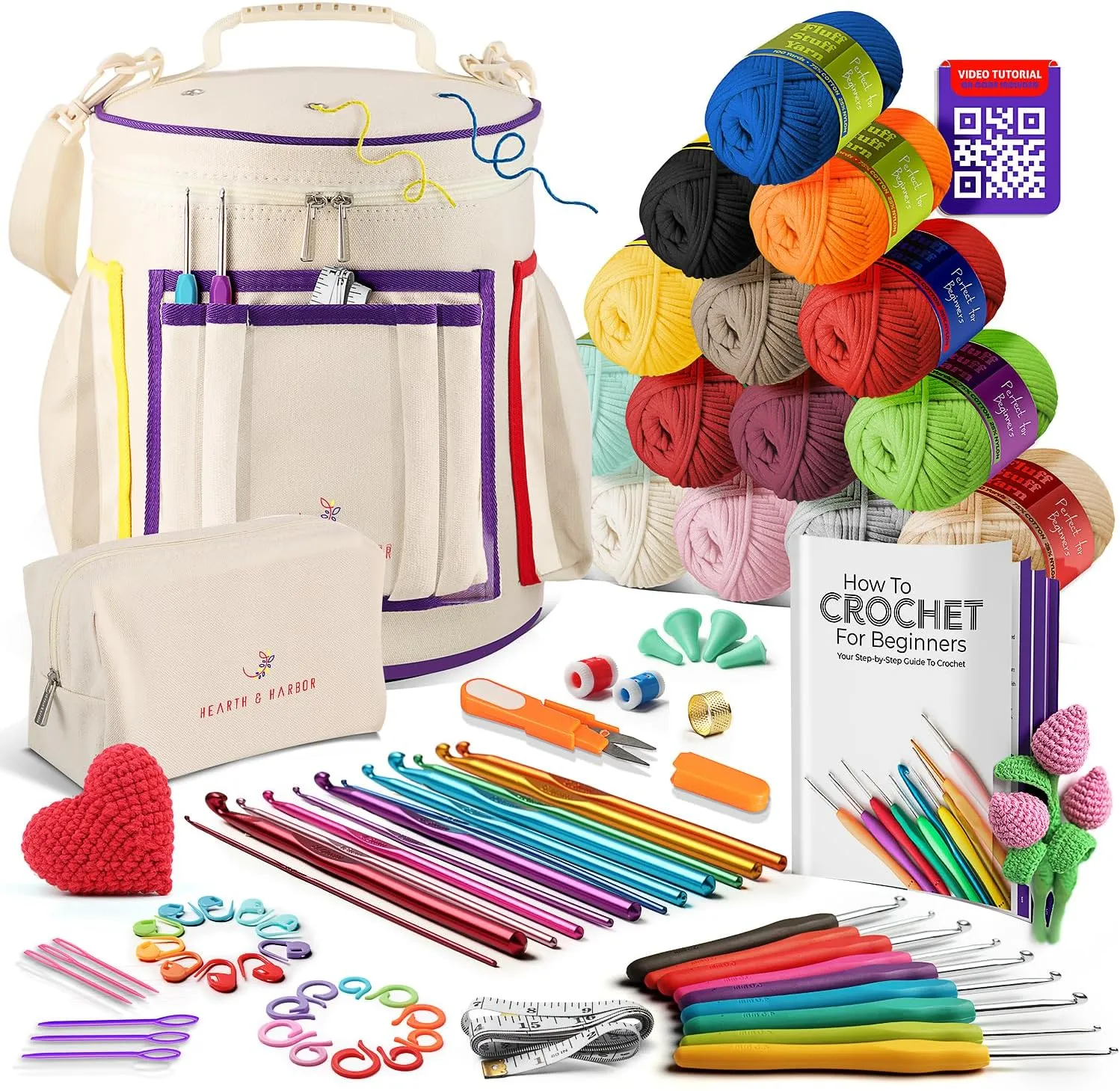 Crochet Kit for Beginners Adults and Kids - Beginner Crochet Kit for Adults with Step-by-Step Video Tutorials, Amigurumi and Crocheting Kit, Crochet Starter Kit with Easy Beginner Yarn and Crochet Bag