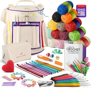 Crochet Kit for Beginners Adults and Kids - Beginner Crochet Kit for Adults with Step-by-Step Video Tutorials, Amigurumi and Crocheting Kit, Crochet Starter Kit with Easy Beginner Yarn and Crochet Bag