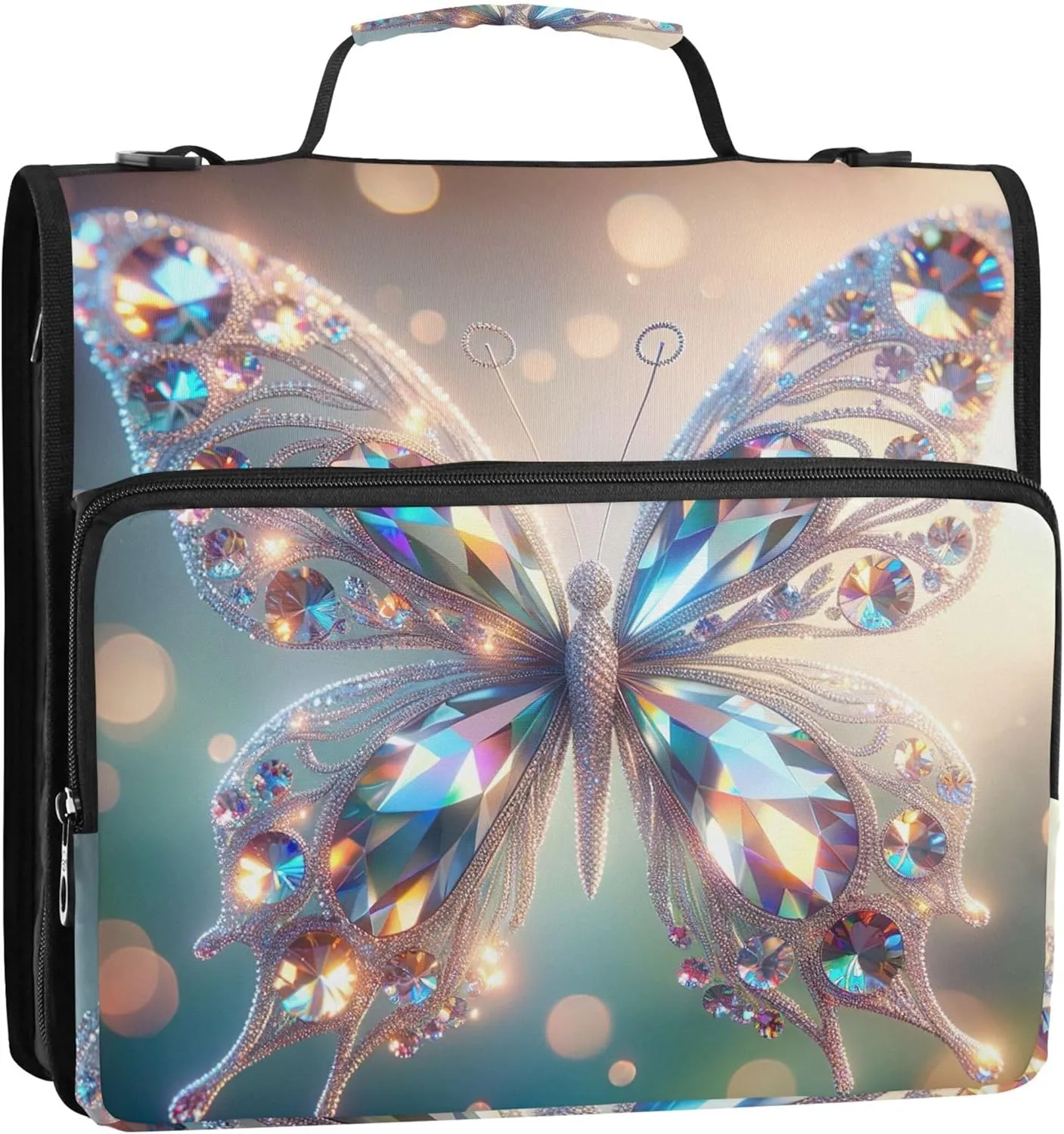 Crystal Butterfly Chic Art 1.5 Inch 3 Ring Binders Heavy Duty Zip up Binder Organizer Middle School Binder Bag with Strap Pink Storage Portfolio Case with Handle