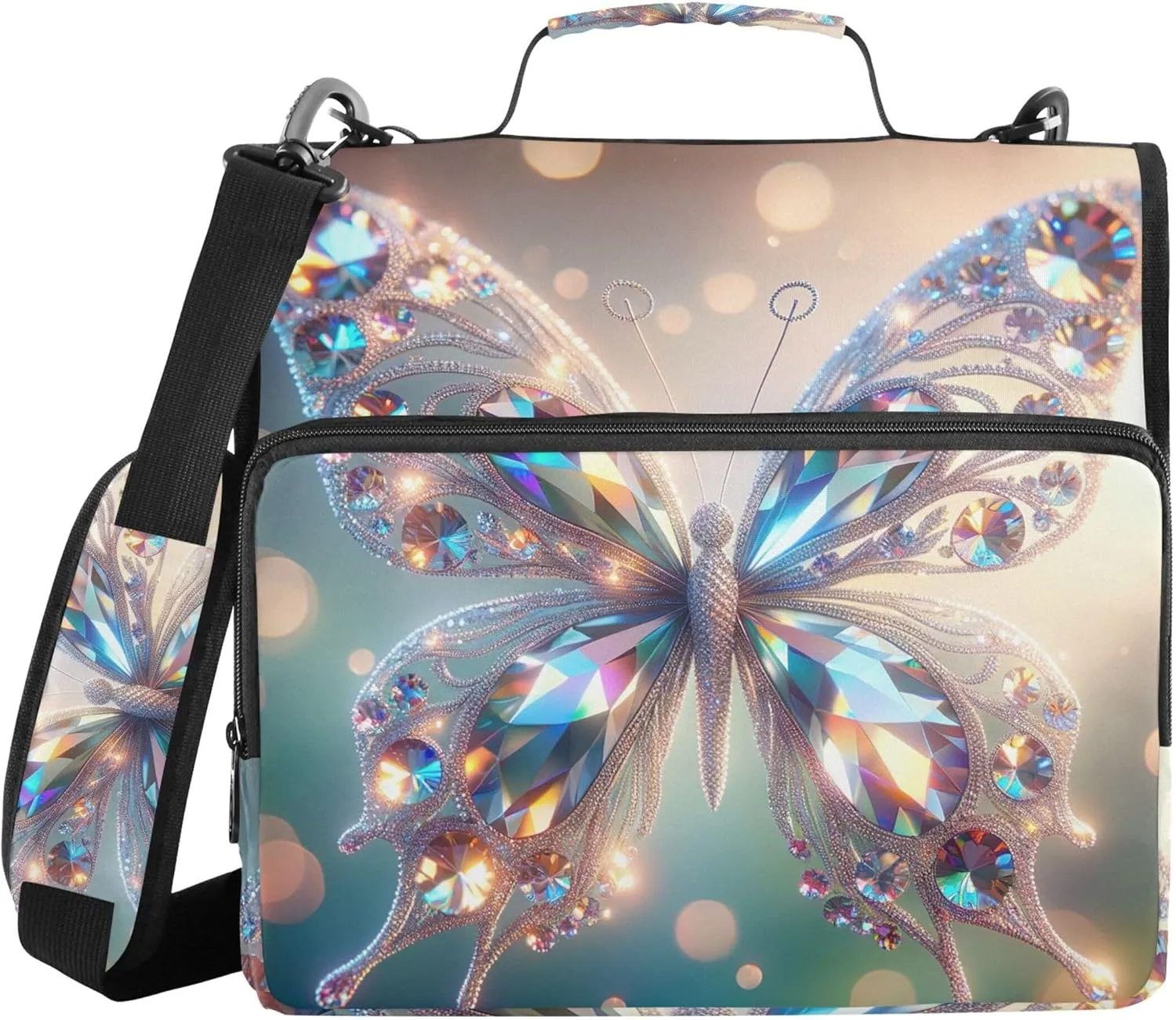 Crystal Butterfly Chic Art 1.5 Inch 3 Ring Binders Heavy Duty Zip up Binder Organizer Middle School Binder Bag with Strap Pink Storage Portfolio Case with Handle