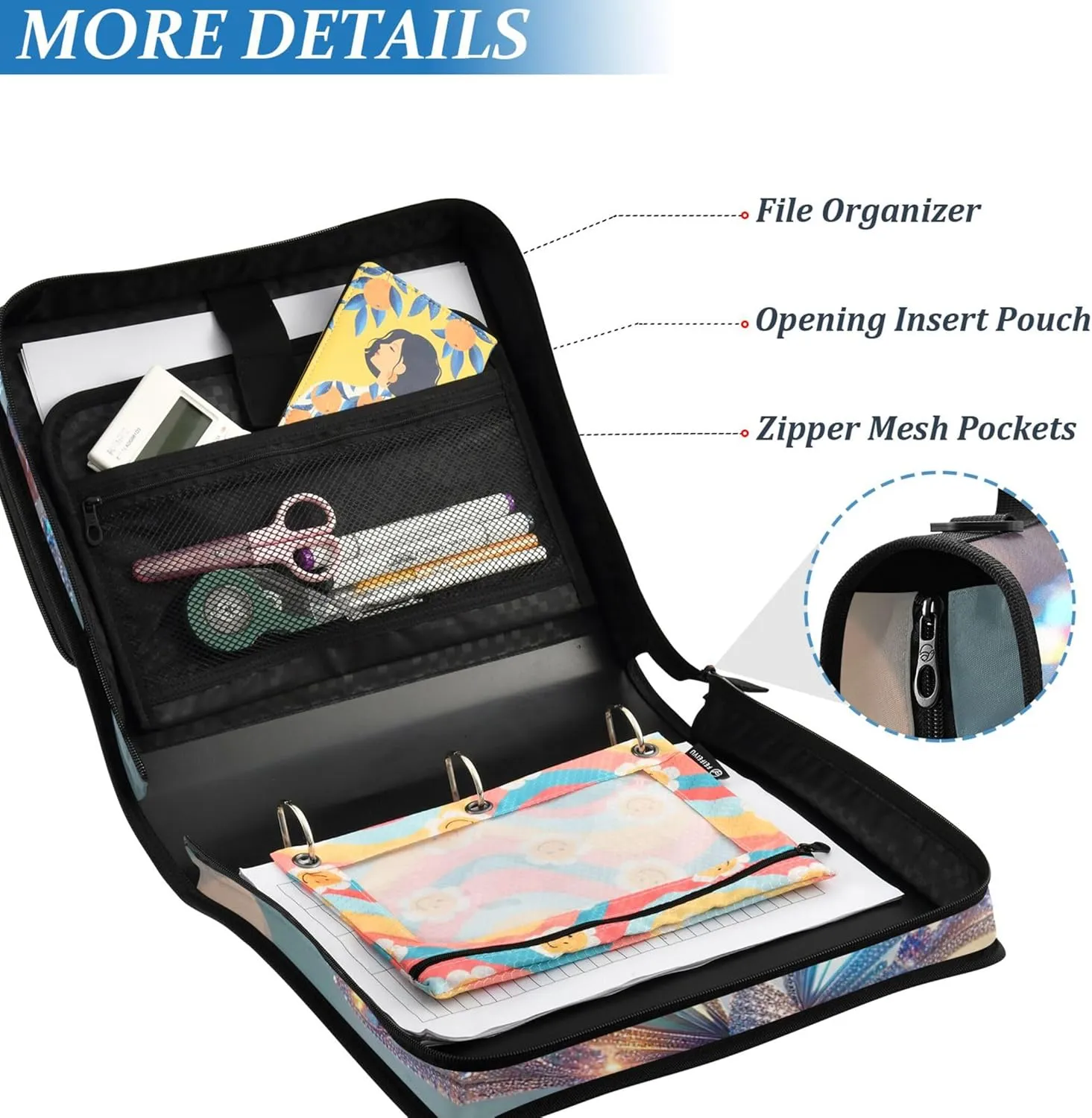 Crystal Butterfly Chic Art 1.5 Inch 3 Ring Binders Heavy Duty Zip up Binder Organizer Middle School Binder Bag with Strap Pink Storage Portfolio Case with Handle