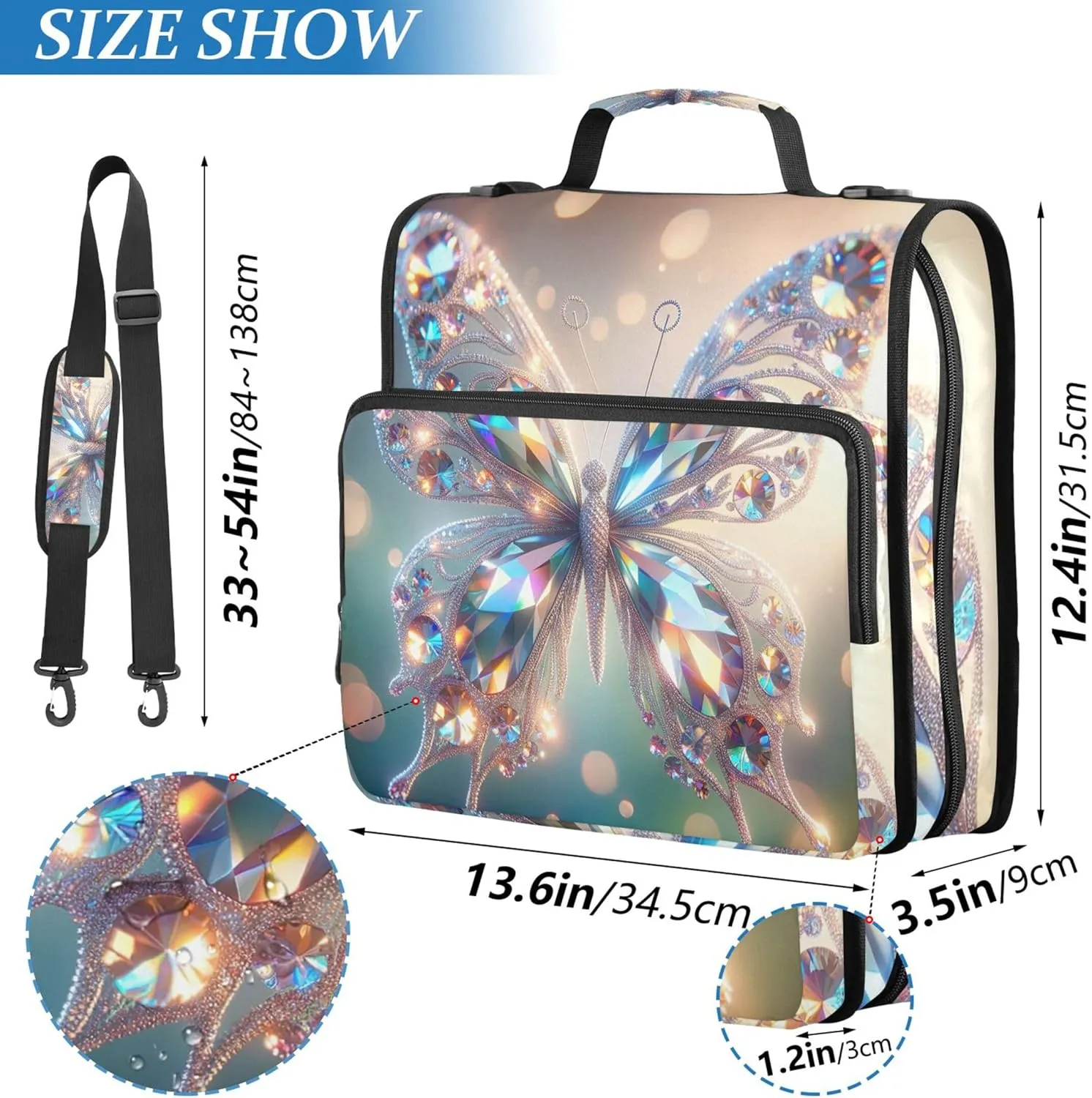 Crystal Butterfly Chic Art 1.5 Inch 3 Ring Binders Heavy Duty Zip up Binder Organizer Middle School Binder Bag with Strap Pink Storage Portfolio Case with Handle