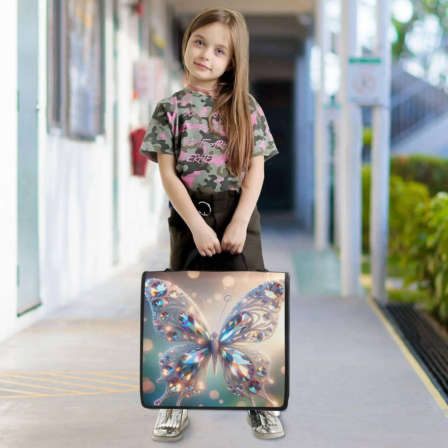 Crystal Butterfly Chic Art 1.5 Inch 3 Ring Binders Heavy Duty Zip up Binder Organizer Middle School Binder Bag with Strap Pink Storage Portfolio Case with Handle