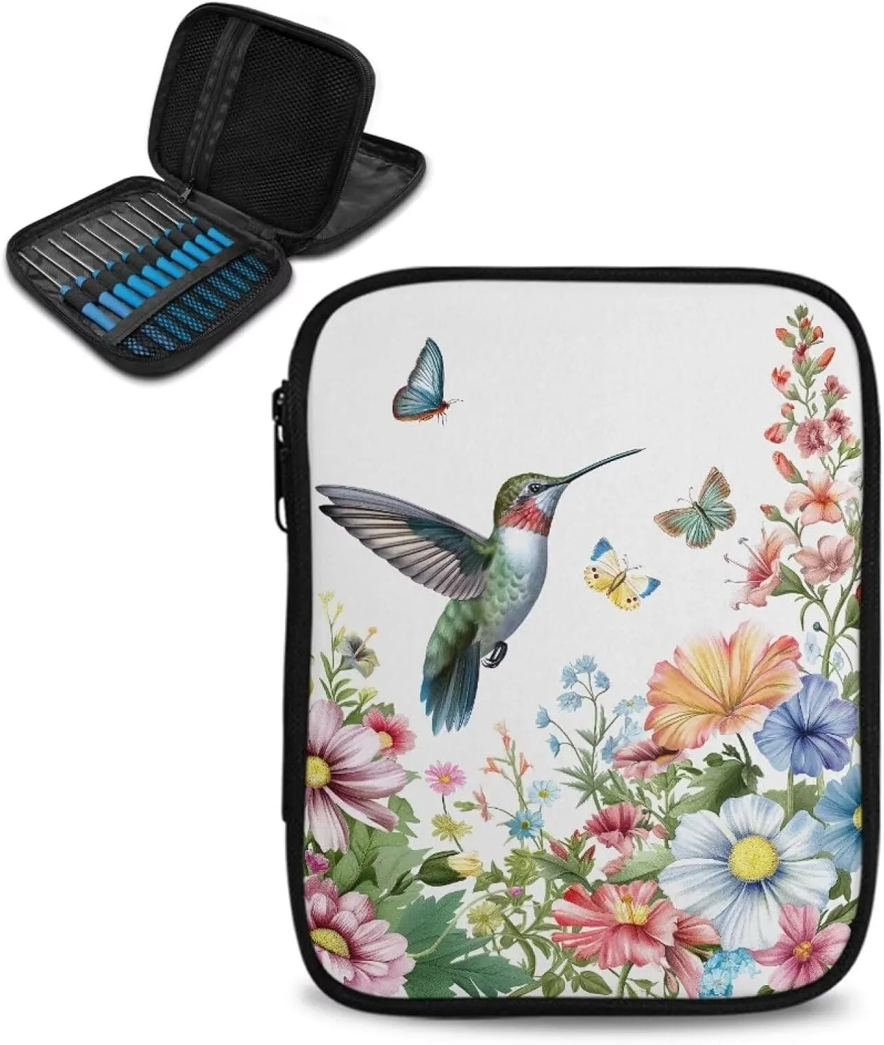 Cugasmaru Crochet Hook Bag Organize Hummingbird Flower Blossom Crochet Needle Case (up to 7.5'') Portable Travel Organizer Storage Bag for Knitting Needles and Other Accessories