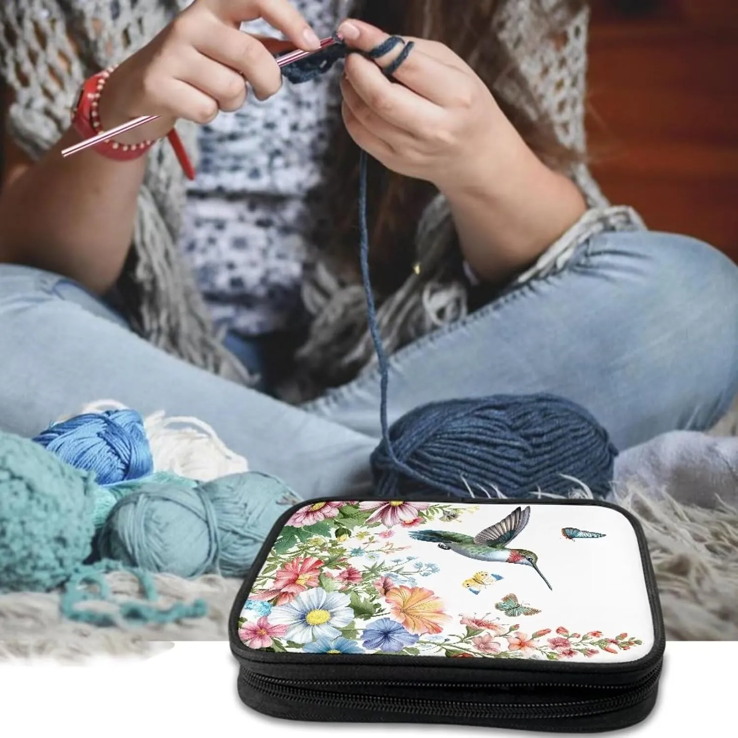 Cugasmaru Crochet Hook Bag Organize Hummingbird Flower Blossom Crochet Needle Case (up to 7.5'') Portable Travel Organizer Storage Bag for Knitting Needles and Other Accessories