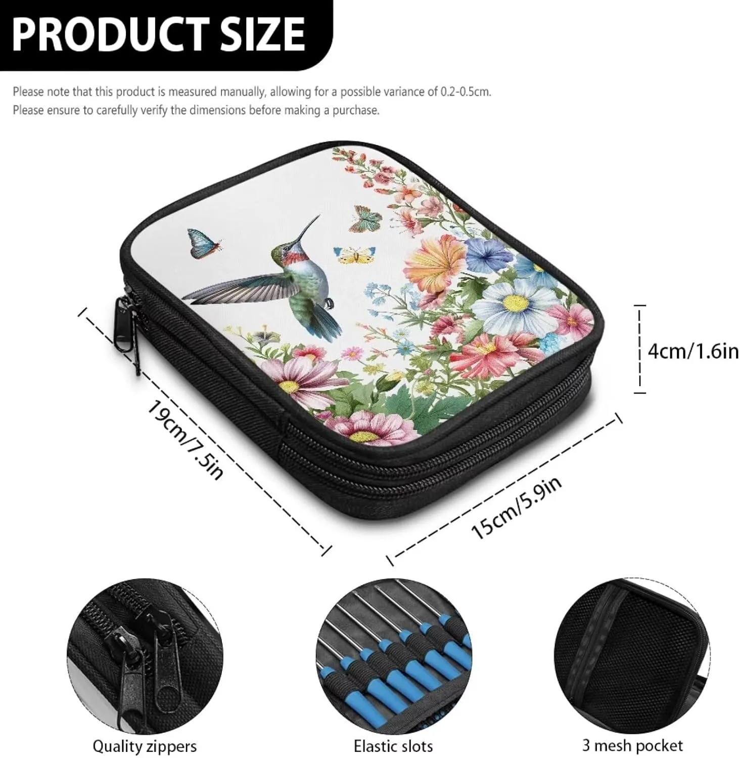 Cugasmaru Crochet Hook Bag Organize Hummingbird Flower Blossom Crochet Needle Case (up to 7.5'') Portable Travel Organizer Storage Bag for Knitting Needles and Other Accessories