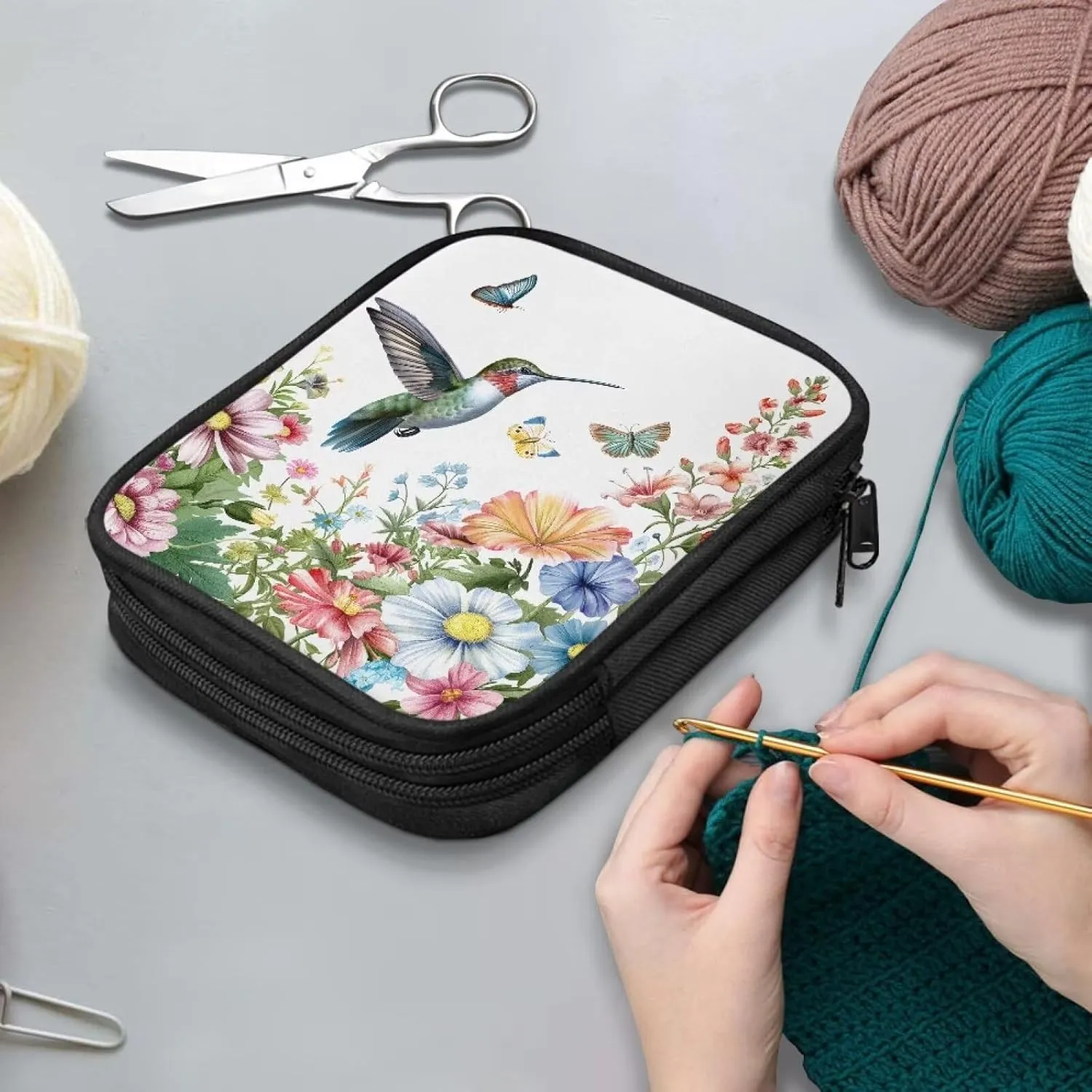 Cugasmaru Crochet Hook Bag Organize Hummingbird Flower Blossom Crochet Needle Case (up to 7.5'') Portable Travel Organizer Storage Bag for Knitting Needles and Other Accessories
