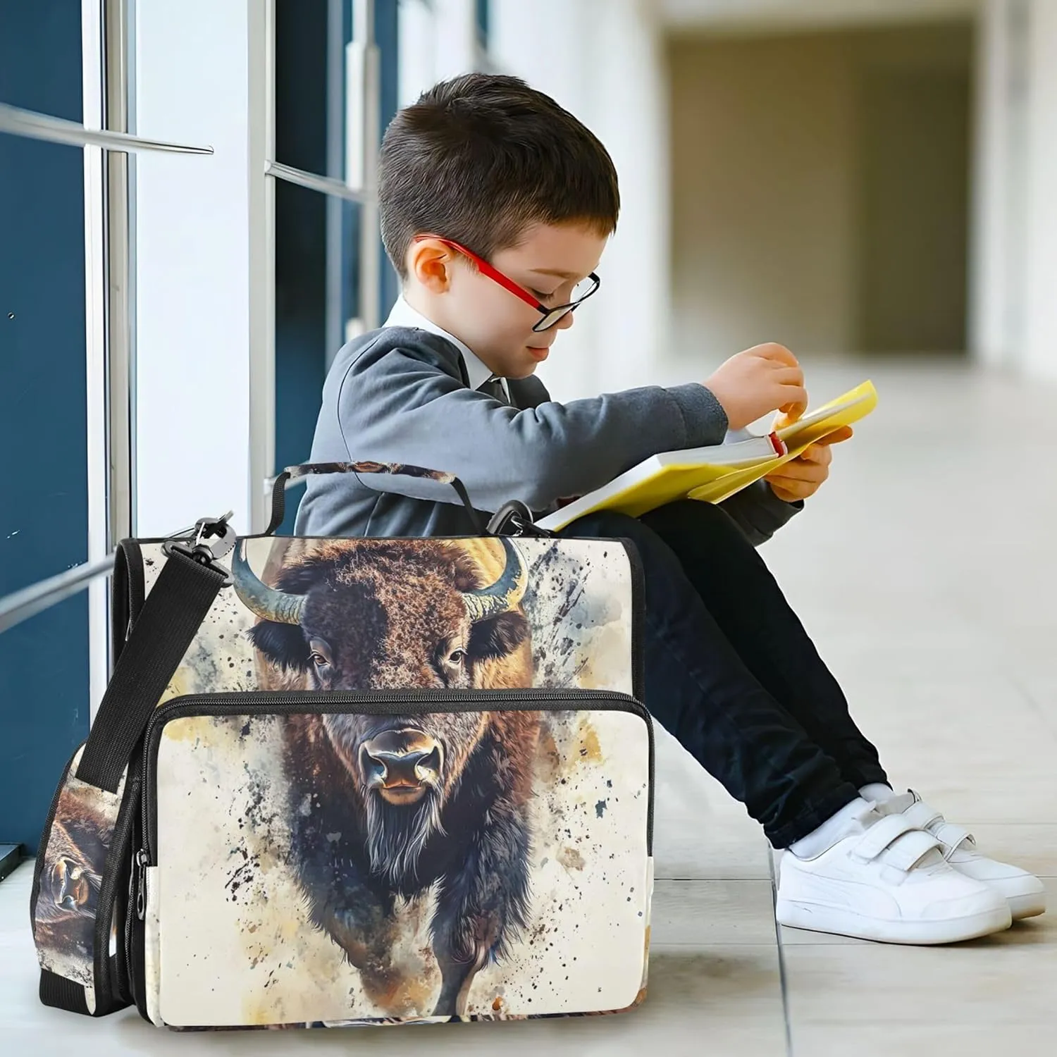 Custom 3 Ring Binders 1.5 Inch D Ring Bison Watercolor Animal Zip up Binder Organizer Storage Portfolio Case with Handle School Binder Bag with Shoulder Strap