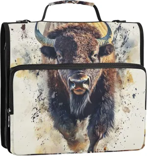 Custom 3 Ring Binders 1.5 Inch D Ring Bison Watercolor Animal Zip up Binder Organizer Storage Portfolio Case with Handle School Binder Bag with Shoulder Strap