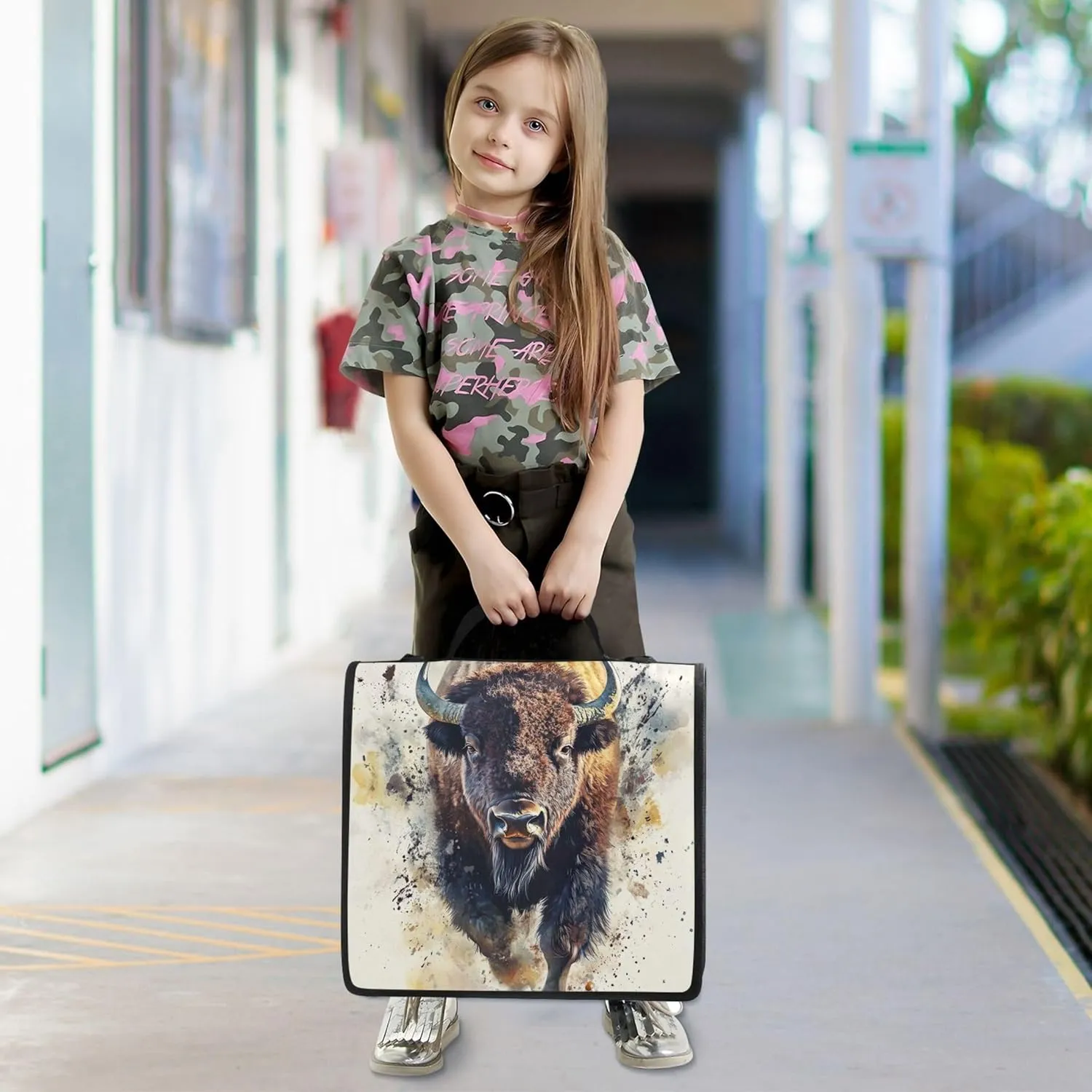 Custom 3 Ring Binders 1.5 Inch D Ring Bison Watercolor Animal Zip up Binder Organizer Storage Portfolio Case with Handle School Binder Bag with Shoulder Strap