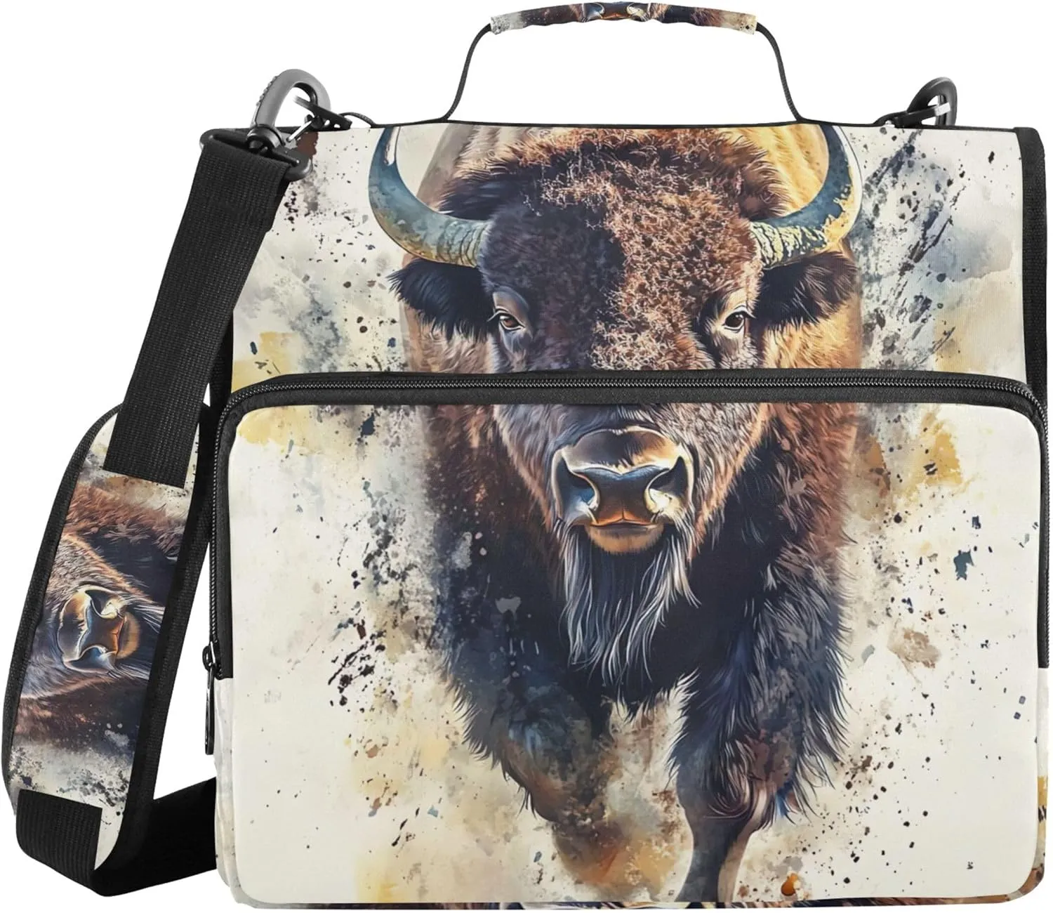 Custom 3 Ring Binders 1.5 Inch D Ring Bison Watercolor Animal Zip up Binder Organizer Storage Portfolio Case with Handle School Binder Bag with Shoulder Strap