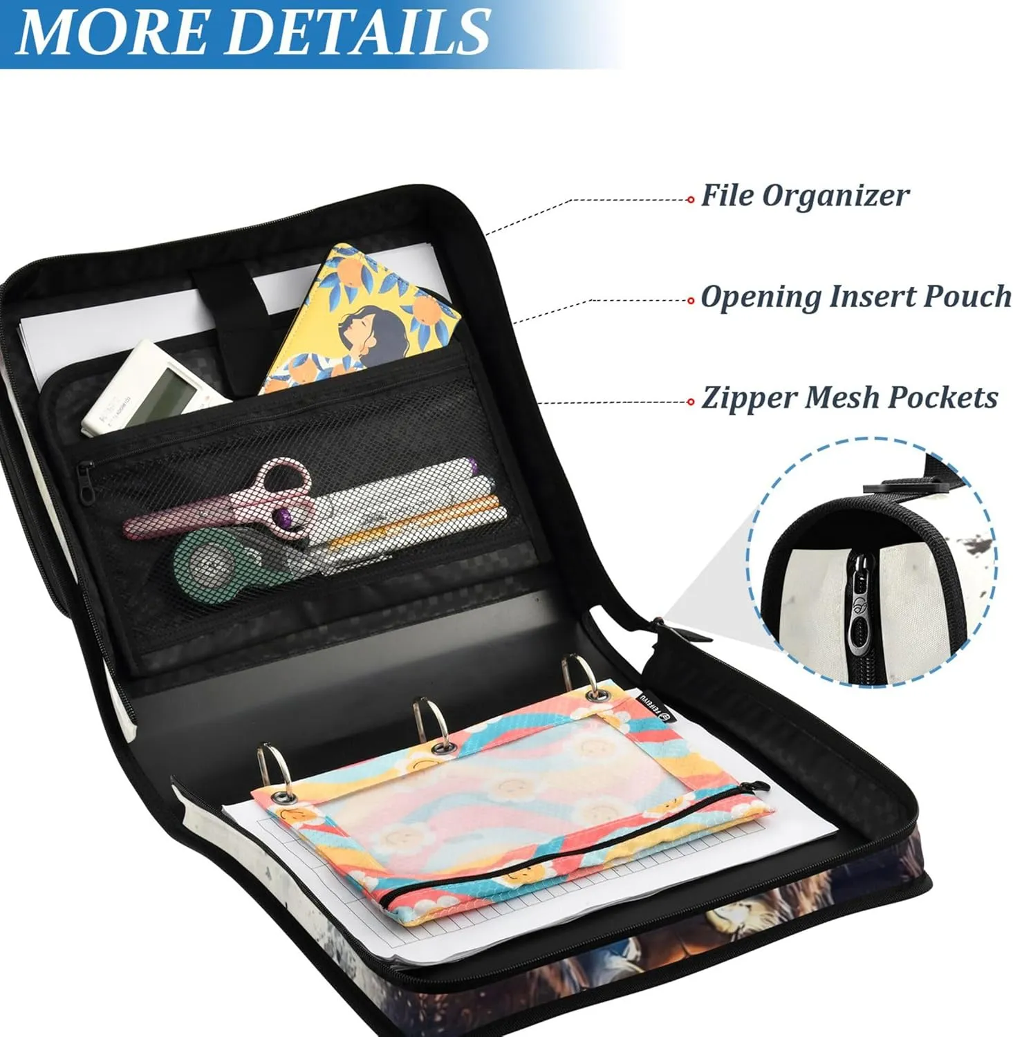 Custom 3 Ring Binders 1.5 Inch D Ring Bison Watercolor Animal Zip up Binder Organizer Storage Portfolio Case with Handle School Binder Bag with Shoulder Strap