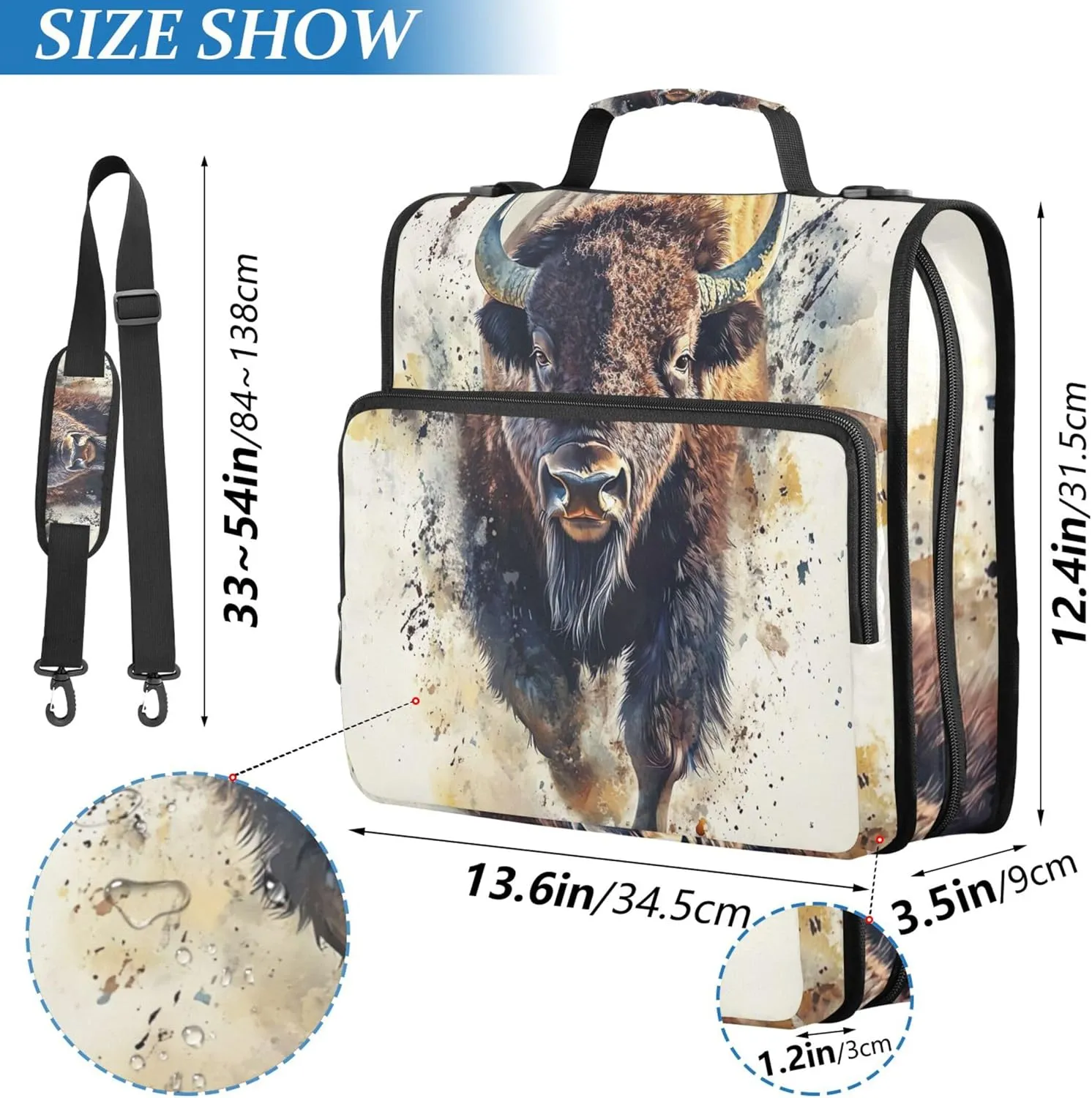 Custom 3 Ring Binders 1.5 Inch D Ring Bison Watercolor Animal Zip up Binder Organizer Storage Portfolio Case with Handle School Binder Bag with Shoulder Strap