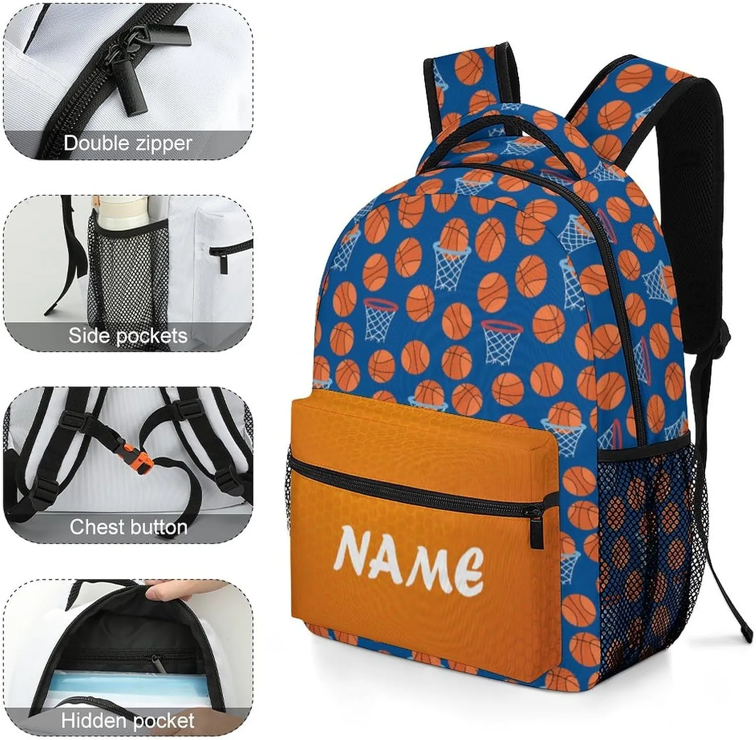Custom Blue Basketball Texture Backpack for Kids Boys Girls Personalized Name Text Children Backpack School Bag Customized Daypack Schoolbag for Student Bookbag