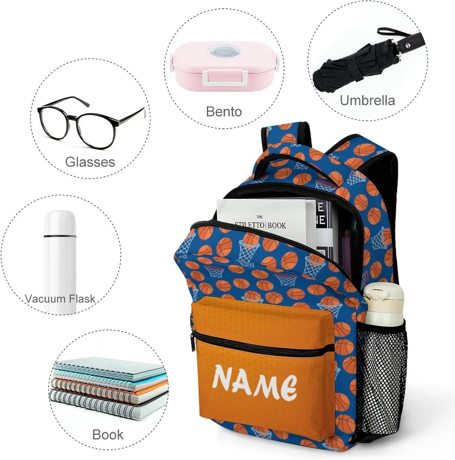 Custom Blue Basketball Texture Backpack for Kids Boys Girls Personalized Name Text Children Backpack School Bag Customized Daypack Schoolbag for Student Bookbag