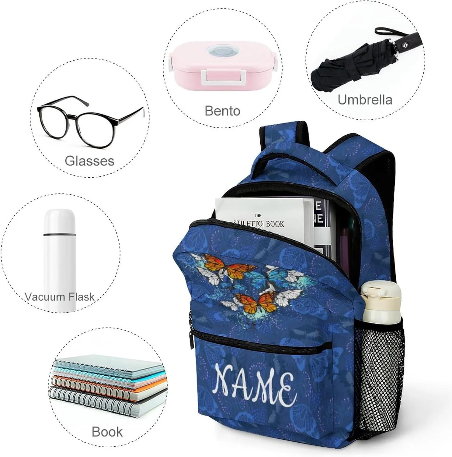 Custom Blue Butterfly Backpack for Kids Boys Girls Personalized Name Text Children Backpack School Bag Customized Daypack Schoolbag for Student Bookbag