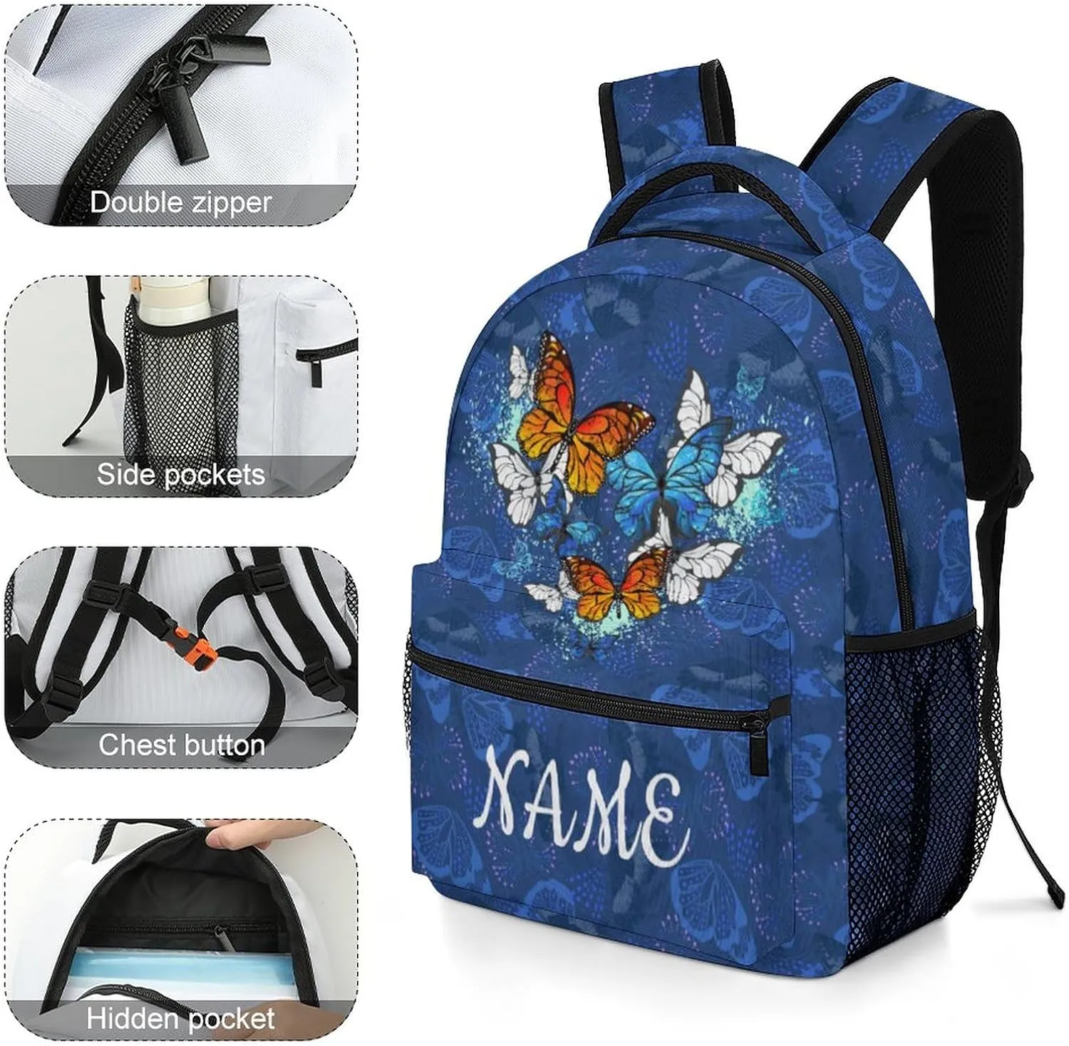 Custom Blue Butterfly Backpack for Kids Boys Girls Personalized Name Text Children Backpack School Bag Customized Daypack Schoolbag for Student Bookbag