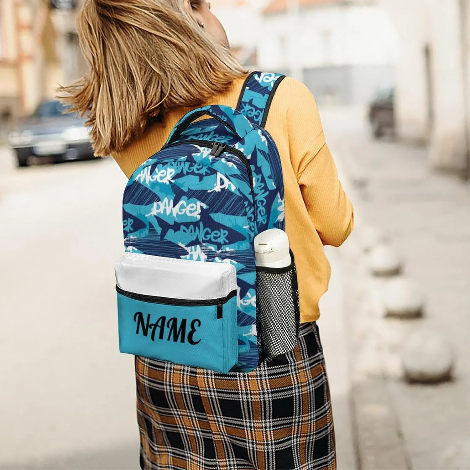Custom Blue White Shark Backpack for Kids Boys Girls Personalized Name Text Children Backpack School Bag Customized Daypack Schoolbag for Student Bookbag
