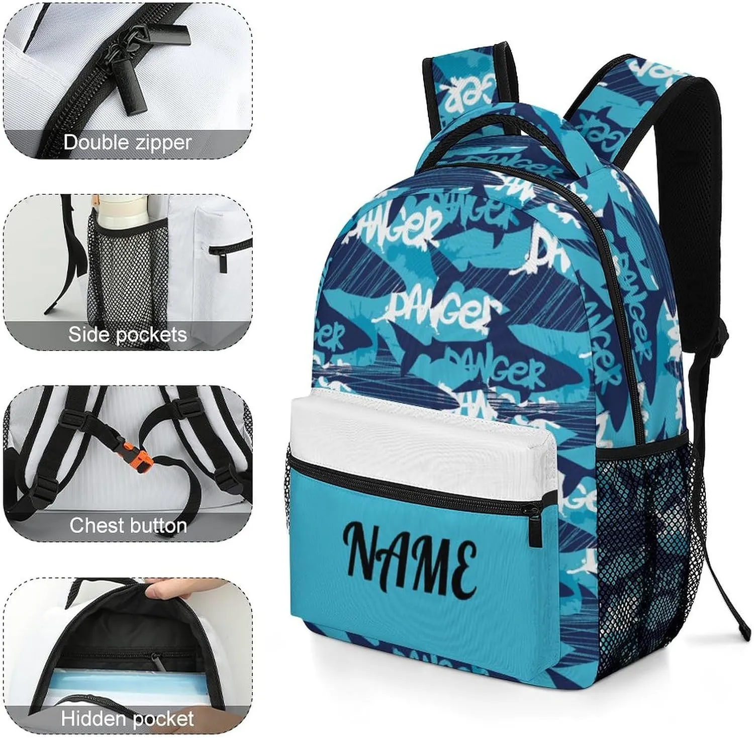 Custom Blue White Shark Backpack for Kids Boys Girls Personalized Name Text Children Backpack School Bag Customized Daypack Schoolbag for Student Bookbag
