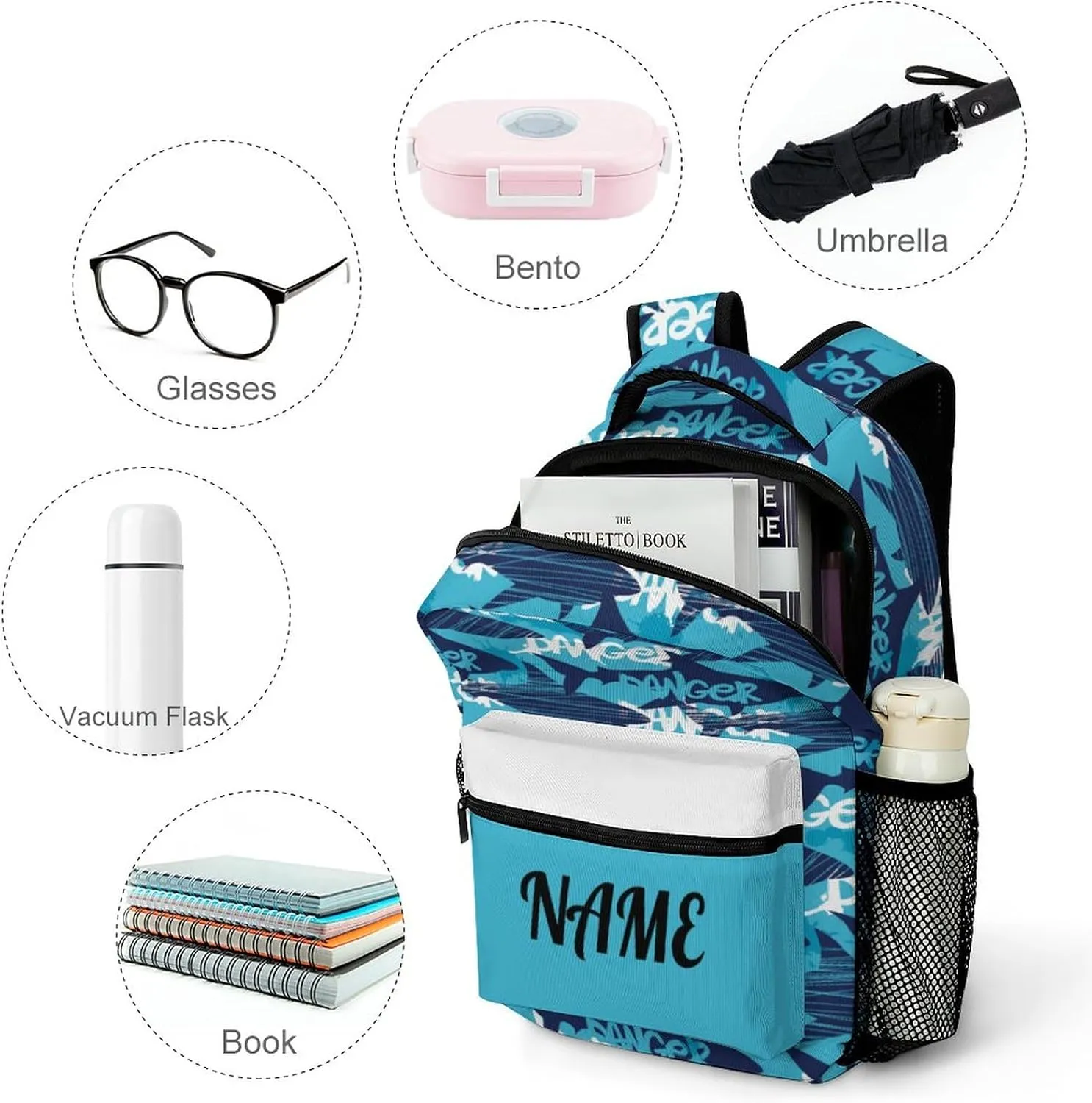 Custom Blue White Shark Backpack for Kids Boys Girls Personalized Name Text Children Backpack School Bag Customized Daypack Schoolbag for Student Bookbag