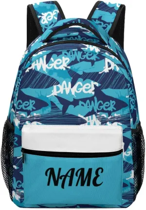 Custom Blue White Shark Backpack for Kids Boys Girls Personalized Name Text Children Backpack School Bag Customized Daypack Schoolbag for Student Bookbag