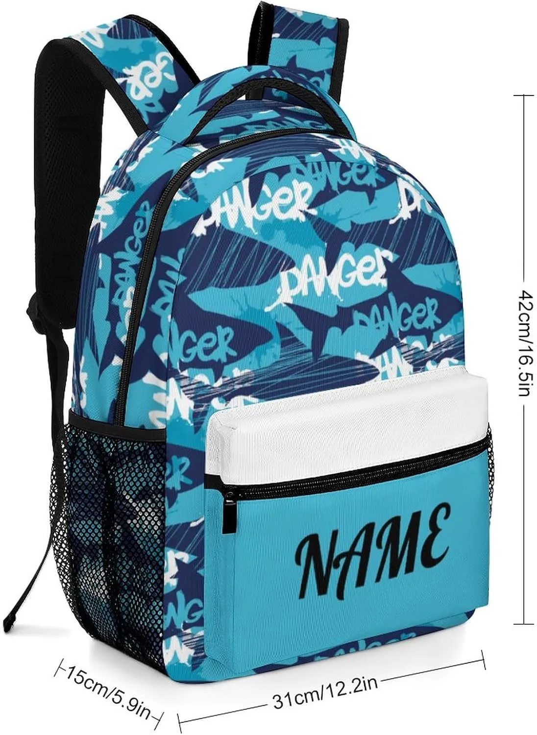 Custom Blue White Shark Backpack for Kids Boys Girls Personalized Name Text Children Backpack School Bag Customized Daypack Schoolbag for Student Bookbag