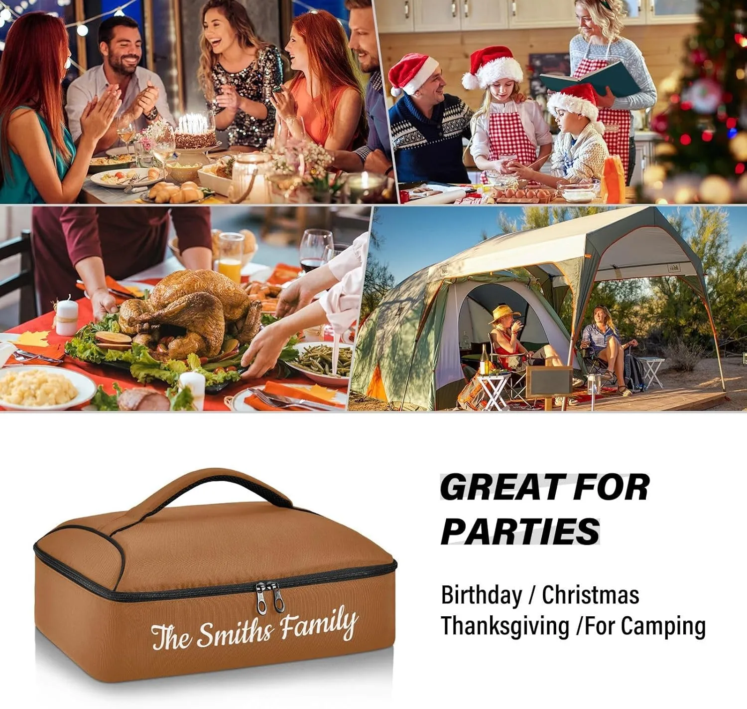 Custom Casserole Dish Carrier Bag Brown Solid Color Personalized Insulated Casserole Carrier Portable Leakproof Food Carrier for Travel, Potluck Parties, Beach