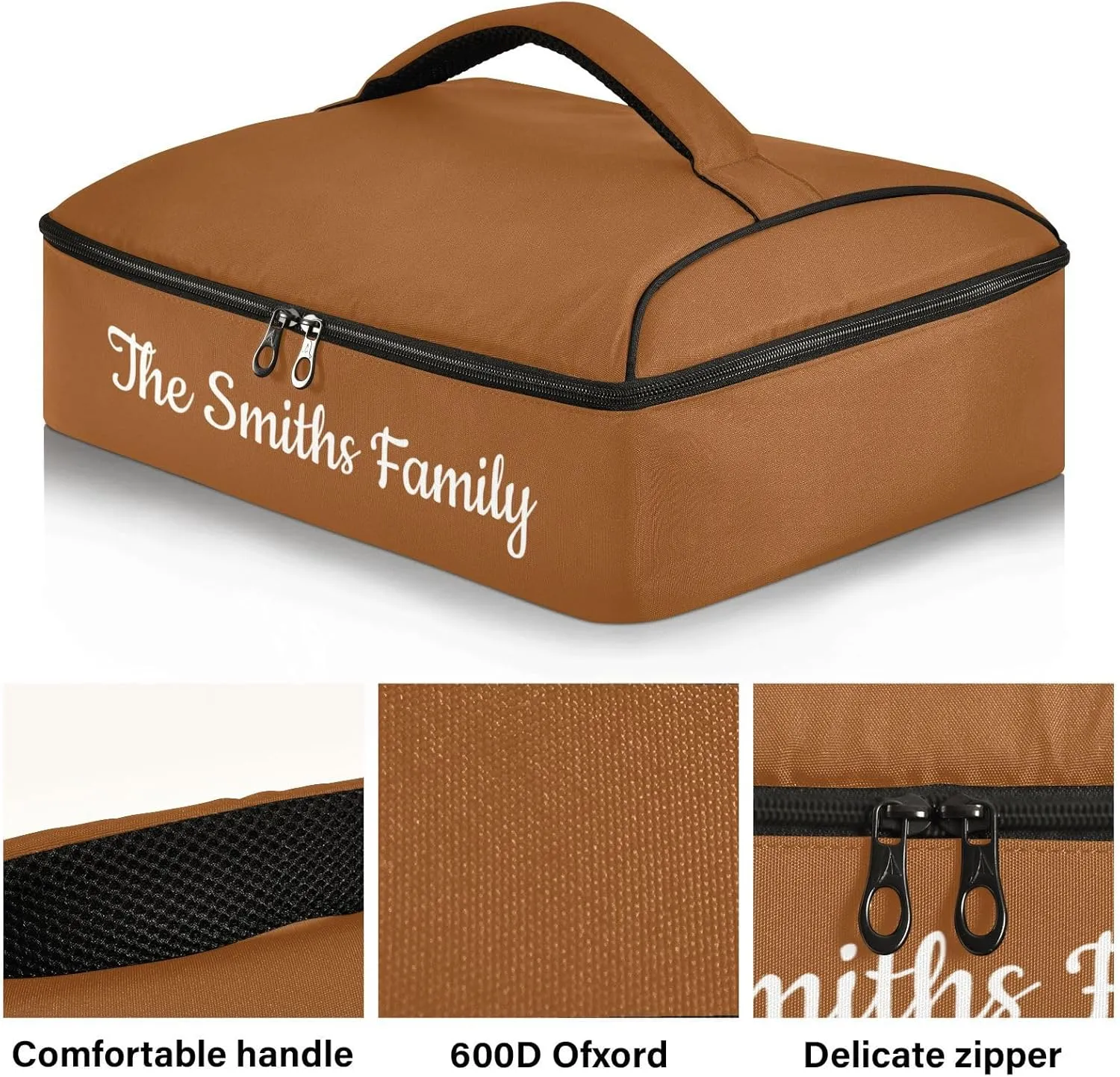 Custom Casserole Dish Carrier Bag Brown Solid Color Personalized Insulated Casserole Carrier Portable Leakproof Food Carrier for Travel, Potluck Parties, Beach