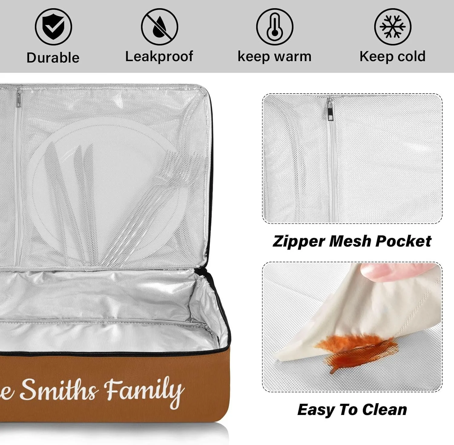 Custom Casserole Dish Carrier Bag Brown Solid Color Personalized Insulated Casserole Carrier Portable Leakproof Food Carrier for Travel, Potluck Parties, Beach