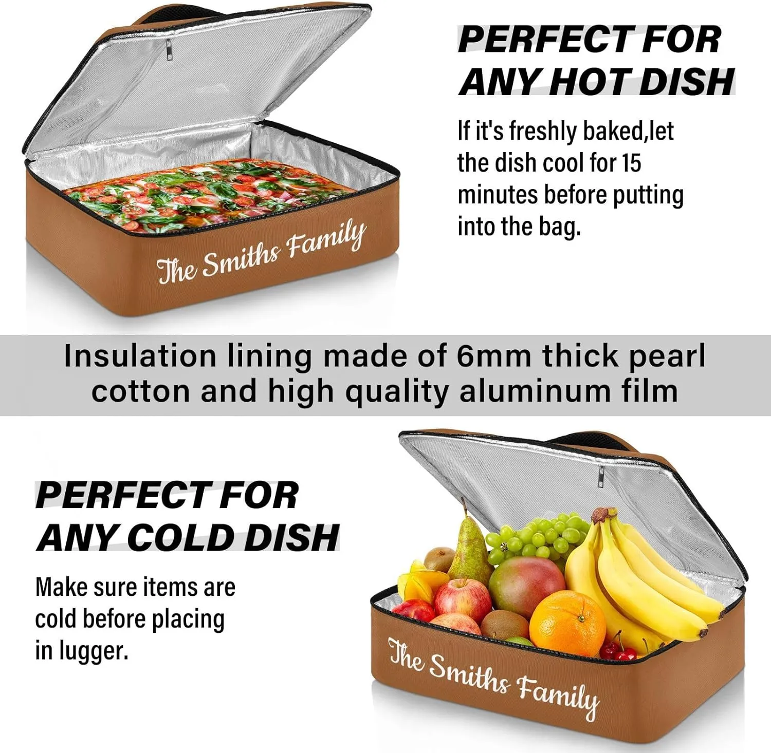 Custom Casserole Dish Carrier Bag Brown Solid Color Personalized Insulated Casserole Carrier Portable Leakproof Food Carrier for Travel, Potluck Parties, Beach