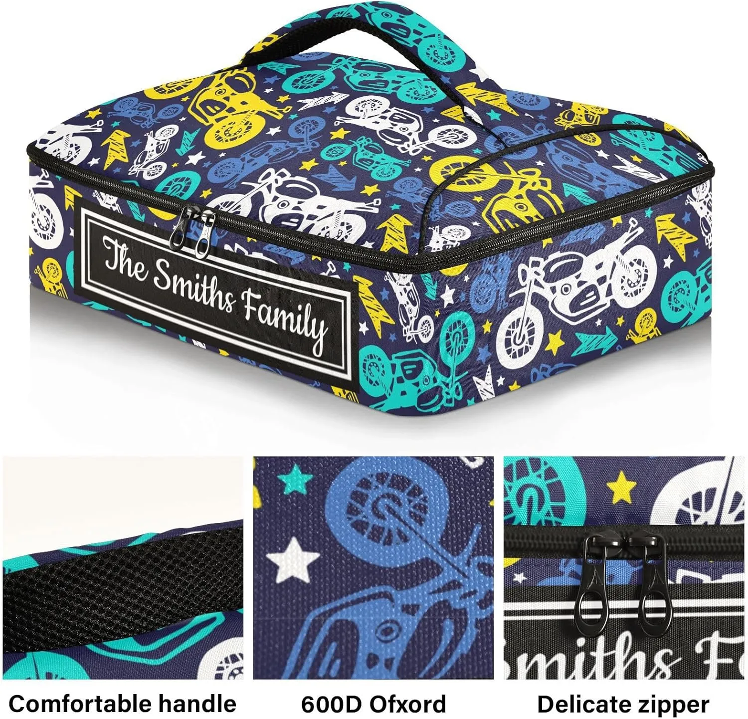 Custom Casserole Dish Carrier Bag Motorcycles Colorful Personalized Insulated Casserole Carrier Portable Leakproof Food Carrier for Travel, Potluck Parties, Beach