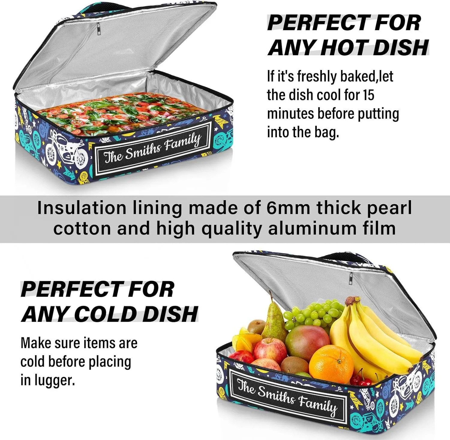 Custom Casserole Dish Carrier Bag Motorcycles Colorful Personalized Insulated Casserole Carrier Portable Leakproof Food Carrier for Travel, Potluck Parties, Beach