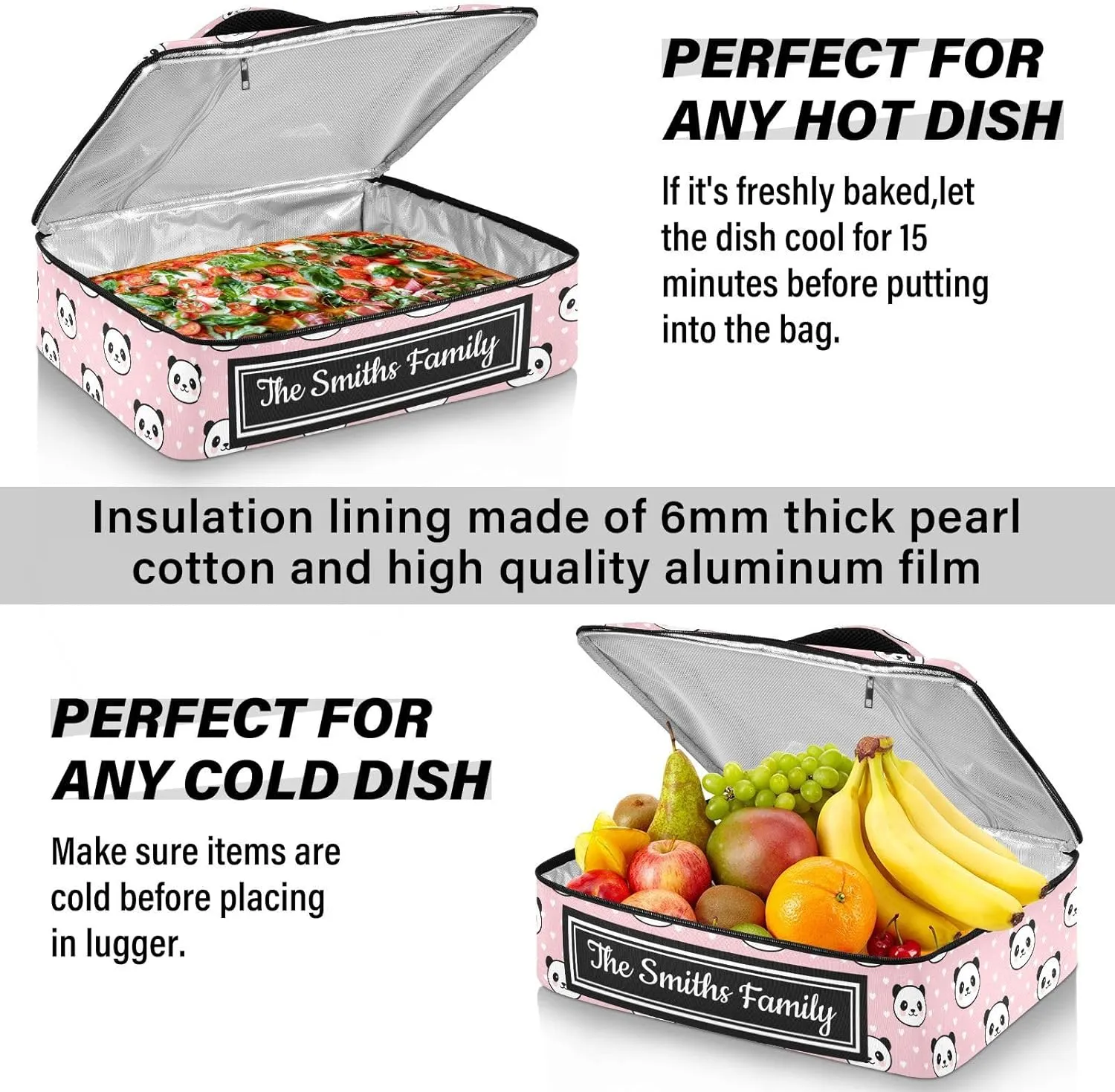 Custom Casserole Dish Carrier Bag Pandas White Heart Personalized Insulated Casserole Carrier Portable Leakproof Food Carrier for Travel, Potluck Parties, Beach